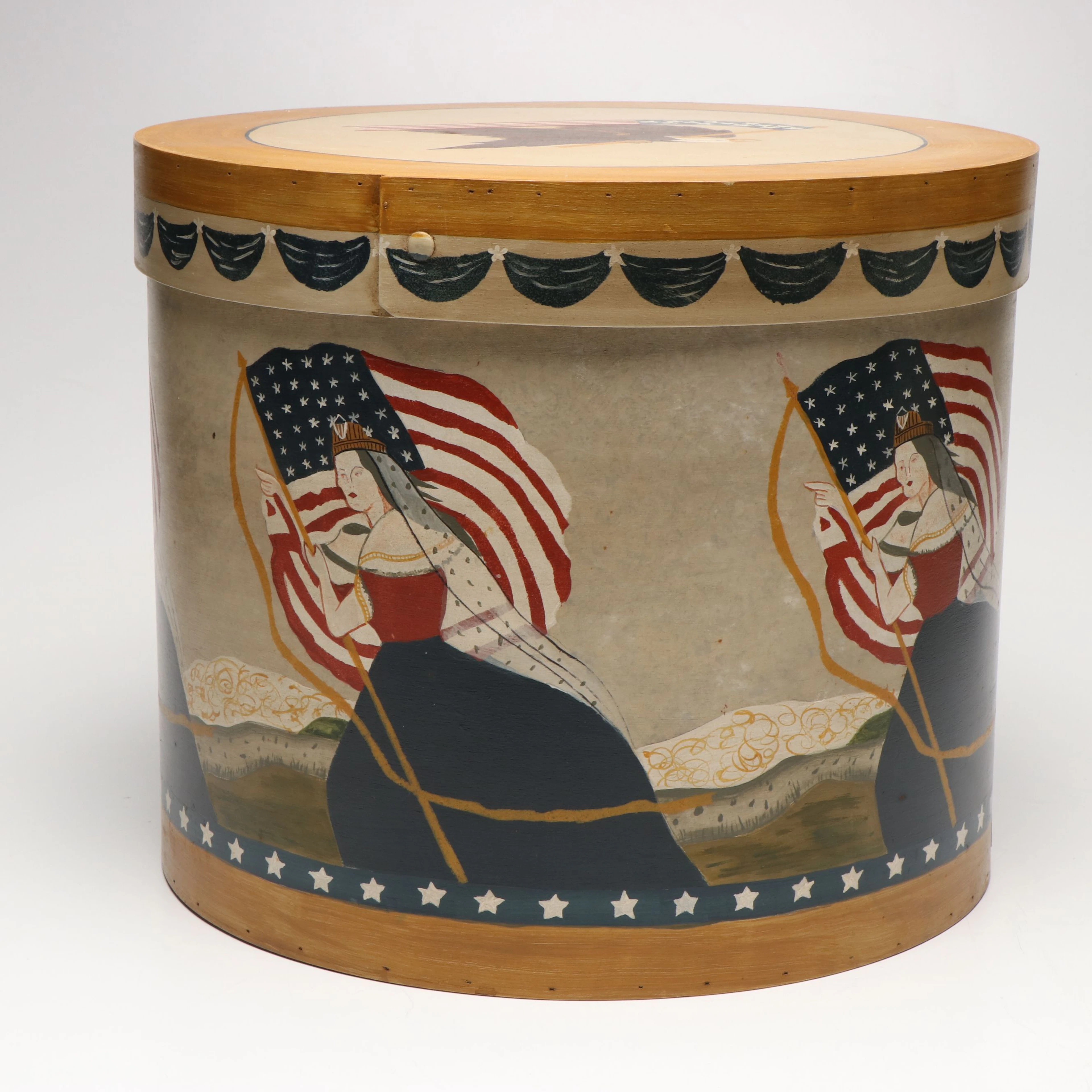 Hand-Painted Figural Americana Folk Art Style Cylindrical Wood Box