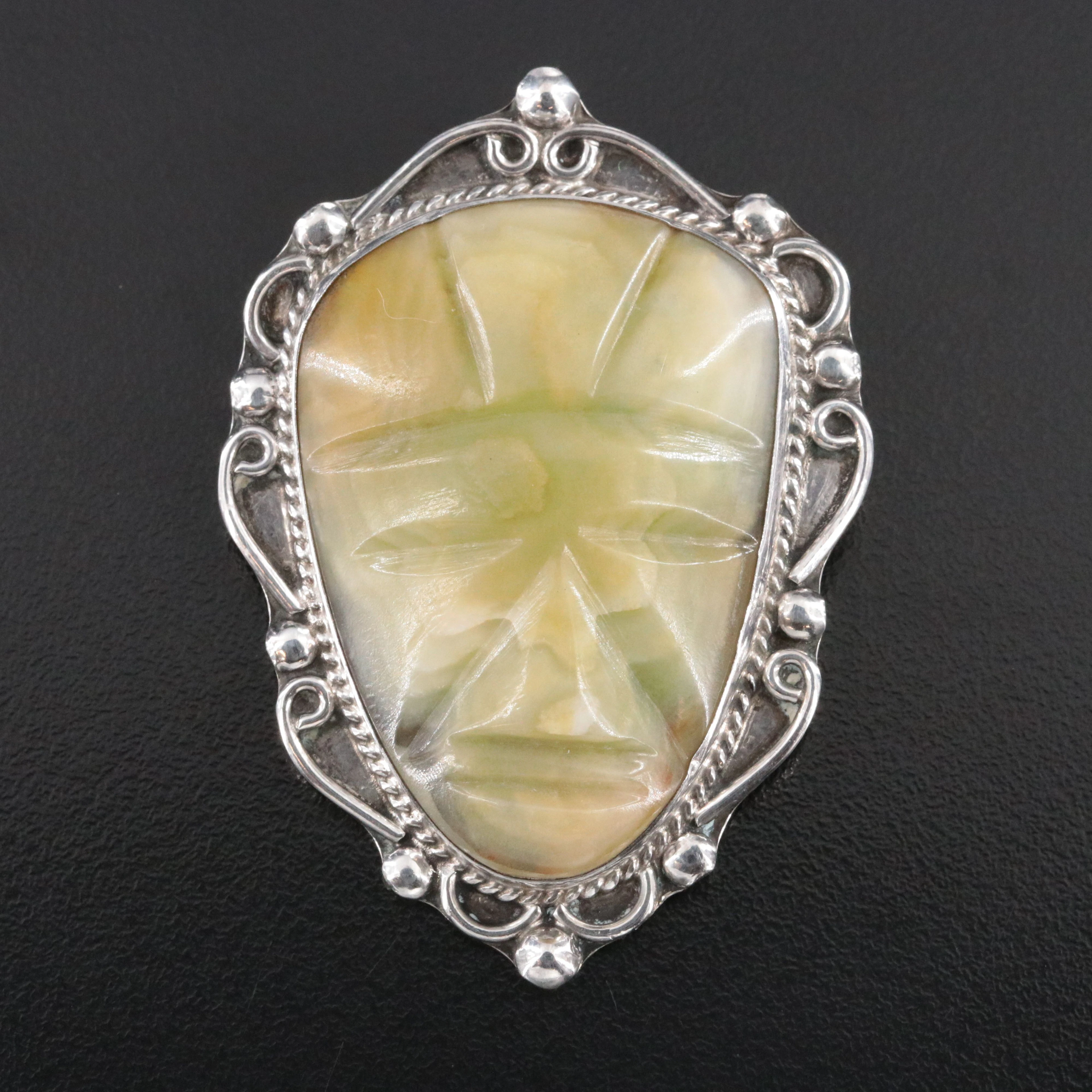 Vintage Mexican Sterling Jade Carved Warrior Brooch