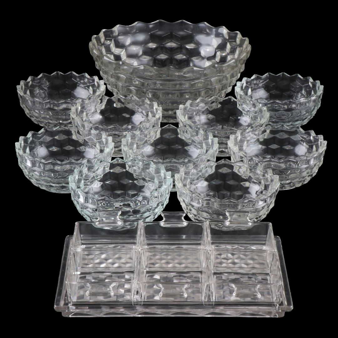 Fostoria American Clear Glass Bowls with Square Appetizers and Tray