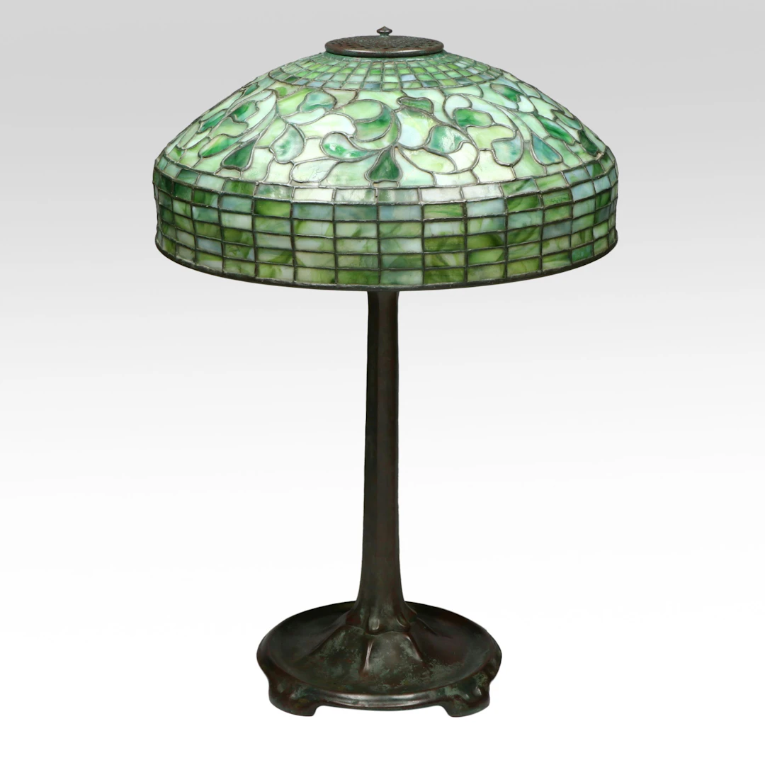 Tiffany Studios Art Nouveau Bronze Table Lamp and Green Slag Glass Shade