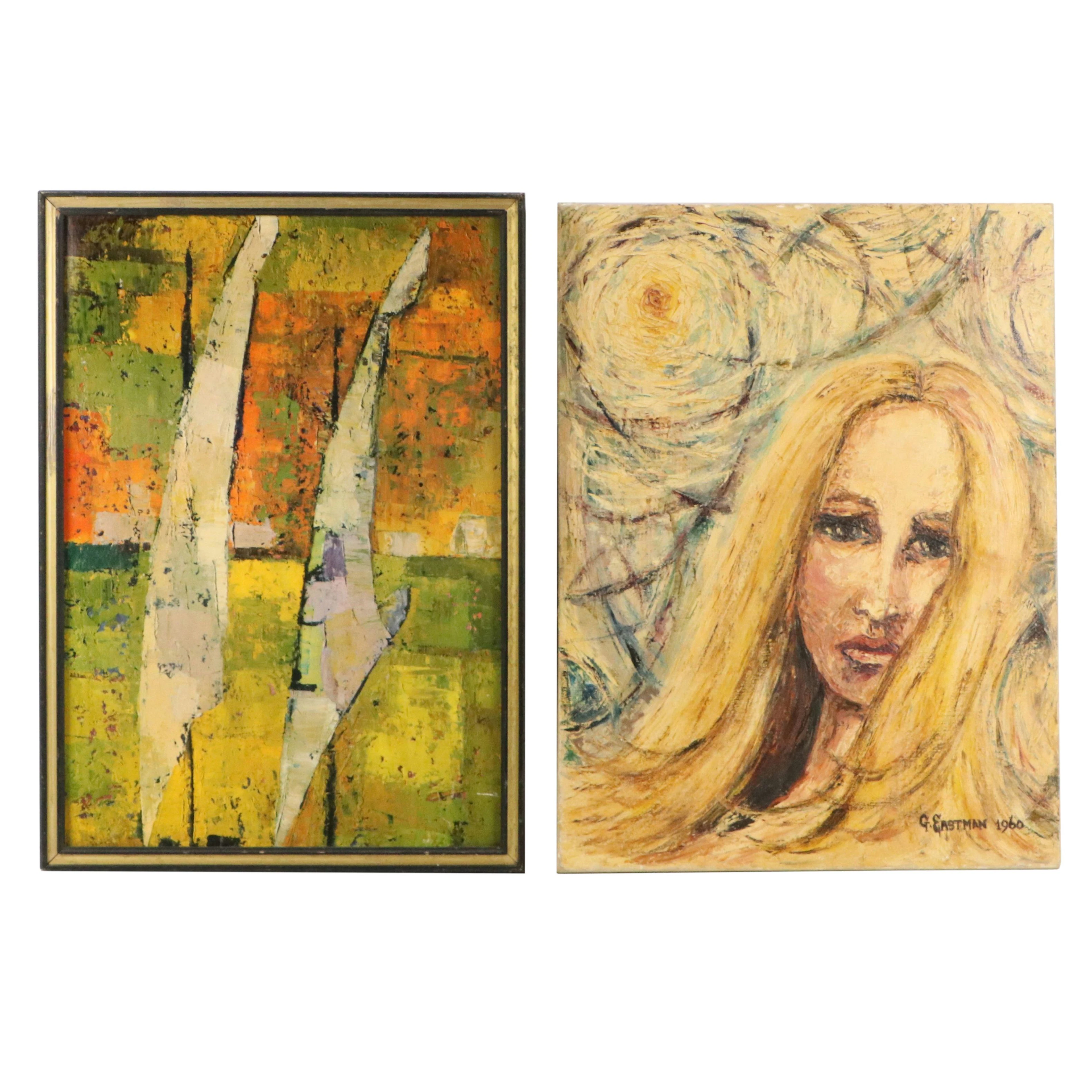 Expressionistic Oil Portrait of Woman with Abstract Print, 20th Century