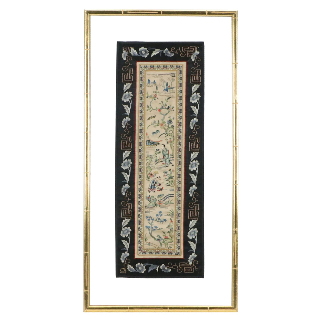 Chinese Embroidered Silk Panel in Double-Sided Frame with COA