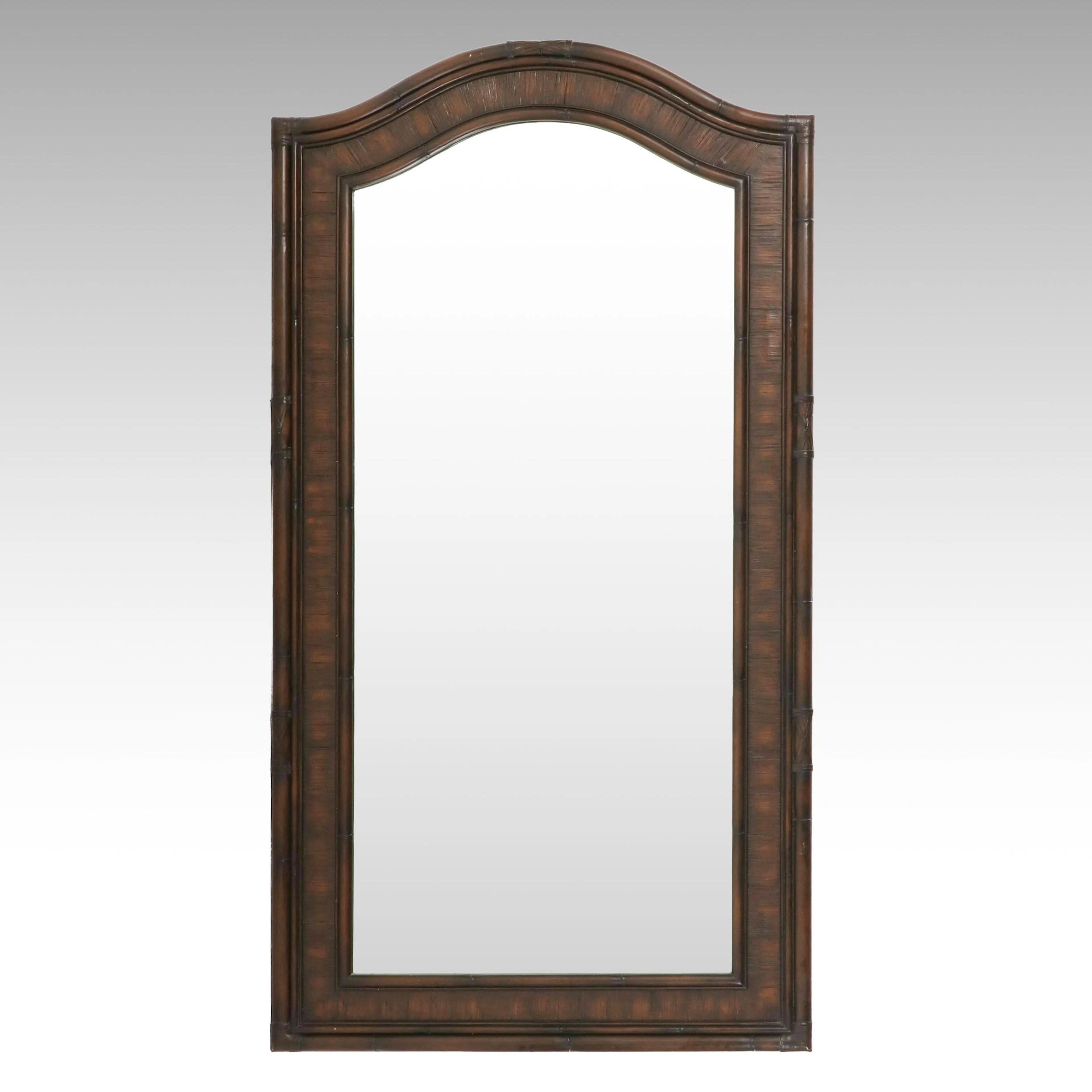 Grand Tropical Colonial Style Faux-Bamboo Mahogany Finish Arched Leaning Mirror