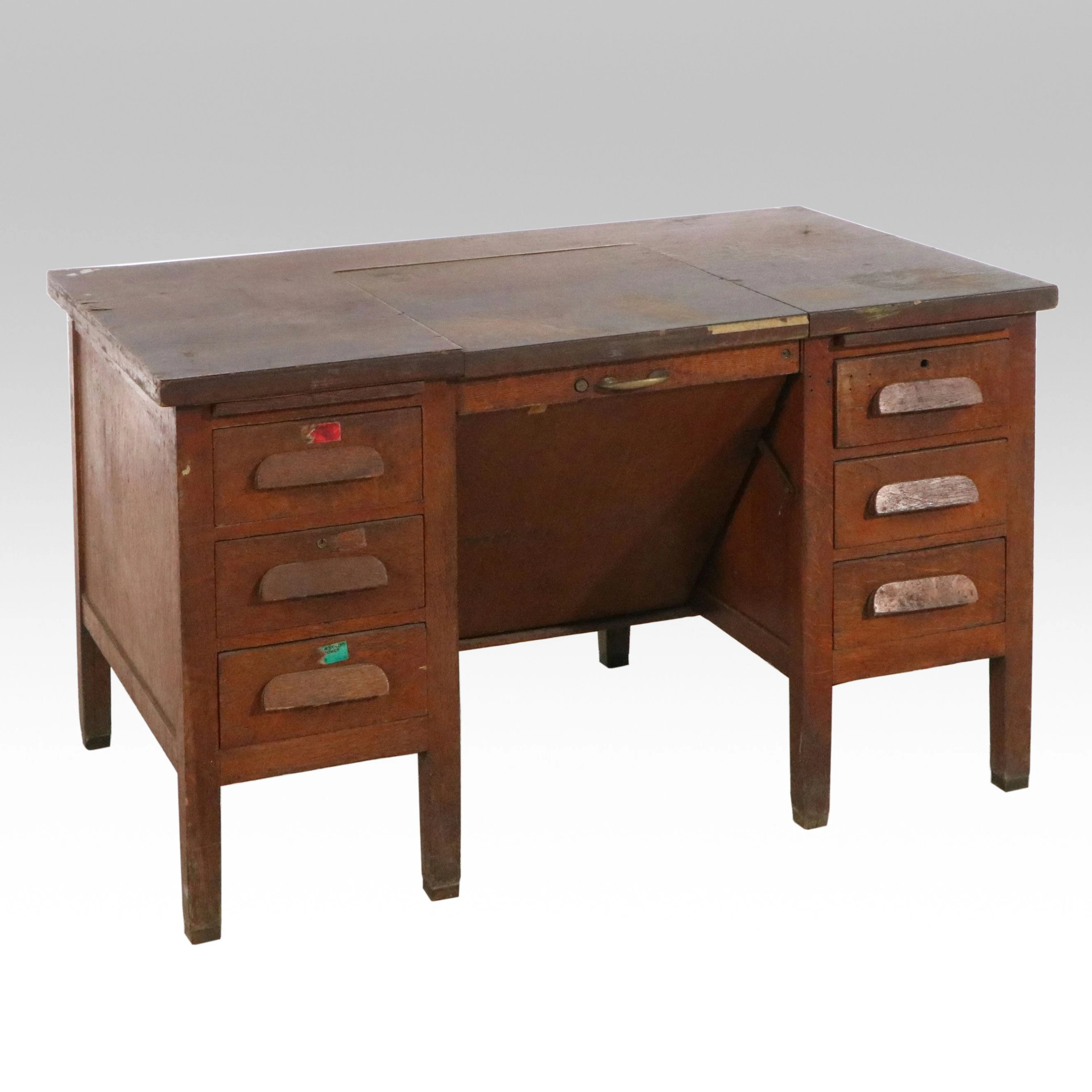 Turn-of-the-Century Industrial Oak Typewriter Drop-Head Executive Desk