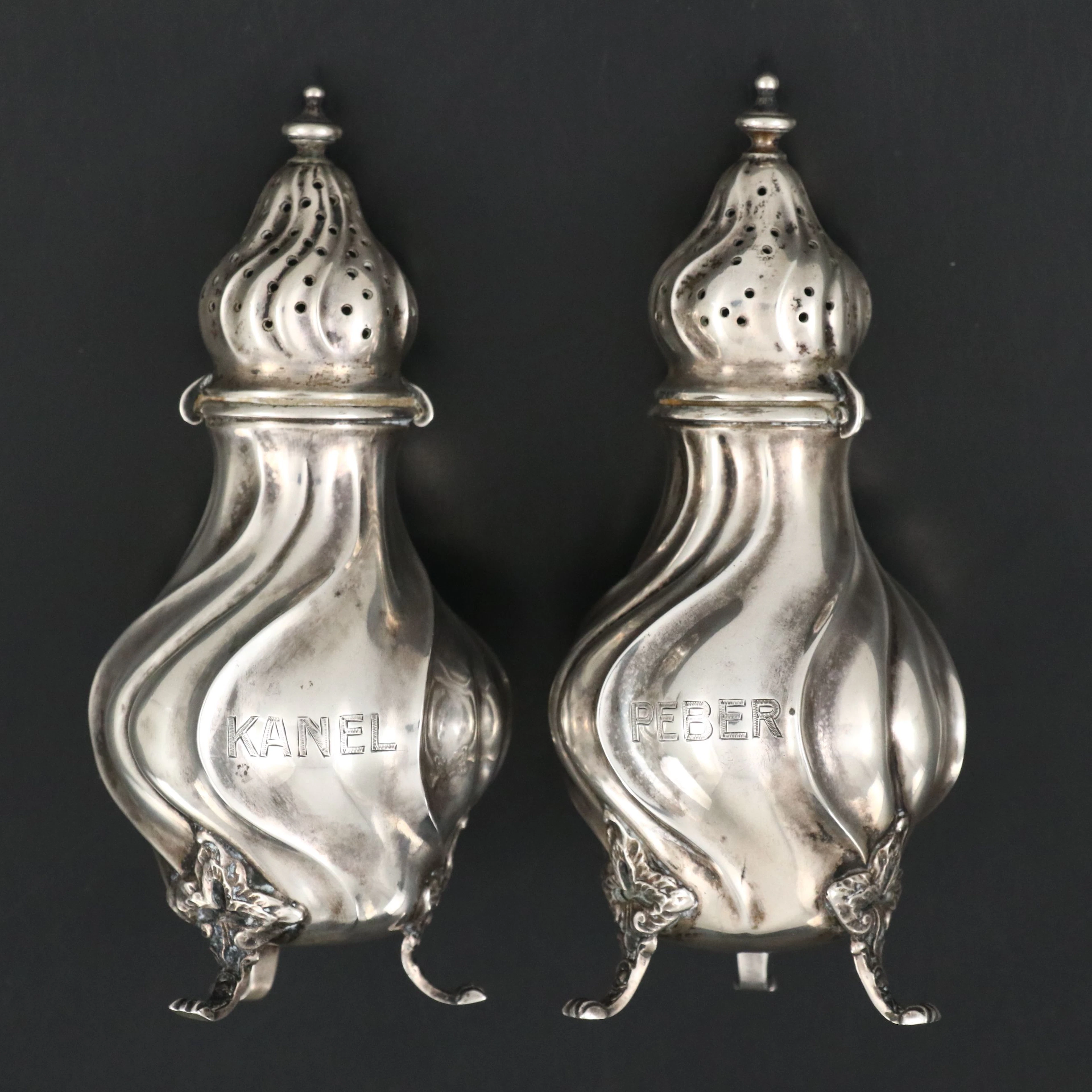 Thune Norwegian 830 Cinnamon and Pepper Silver Shakers, 1915