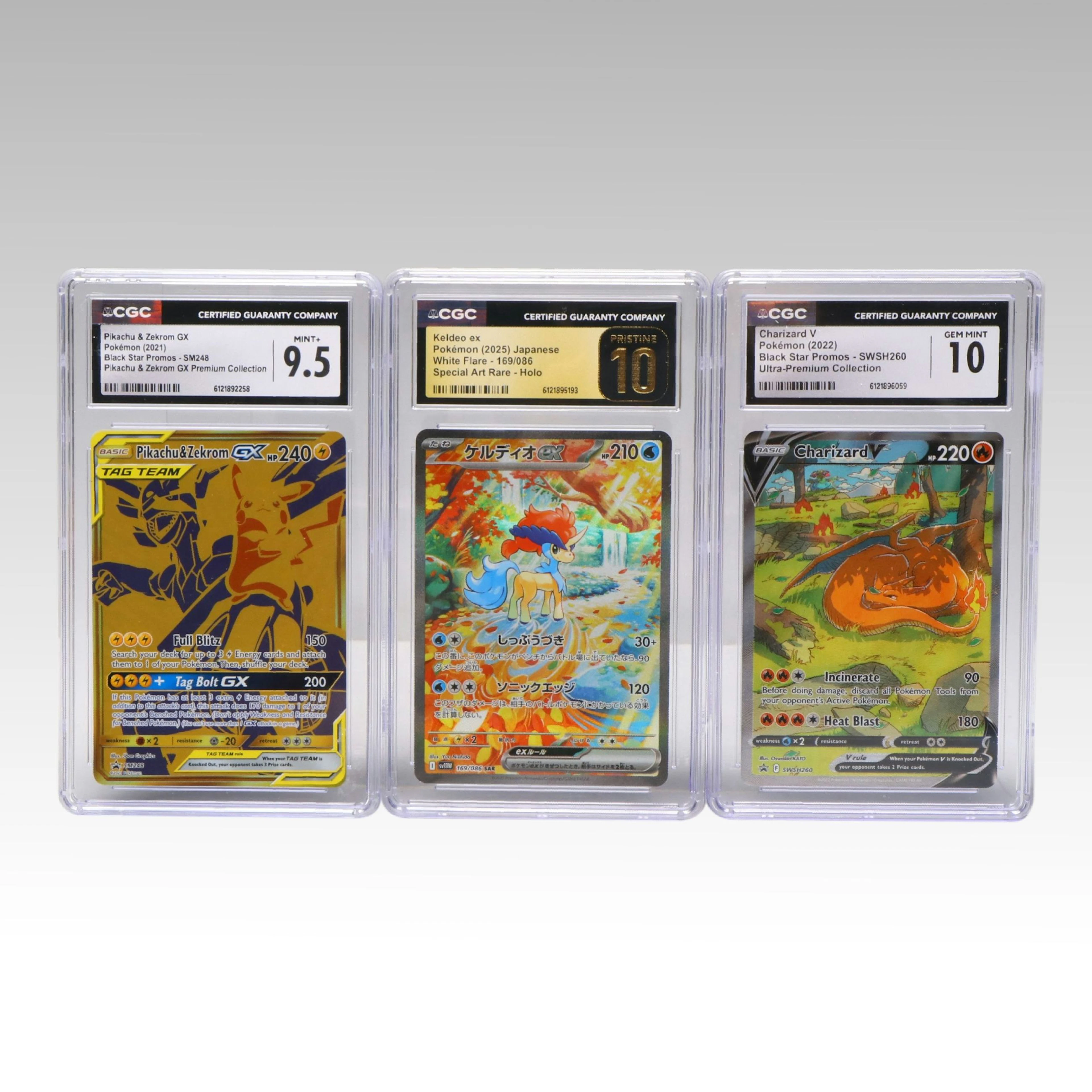 CGC Graded Charizard V, Keldeo ex, and Pikachu & Zekrom GX Pokémon Cards