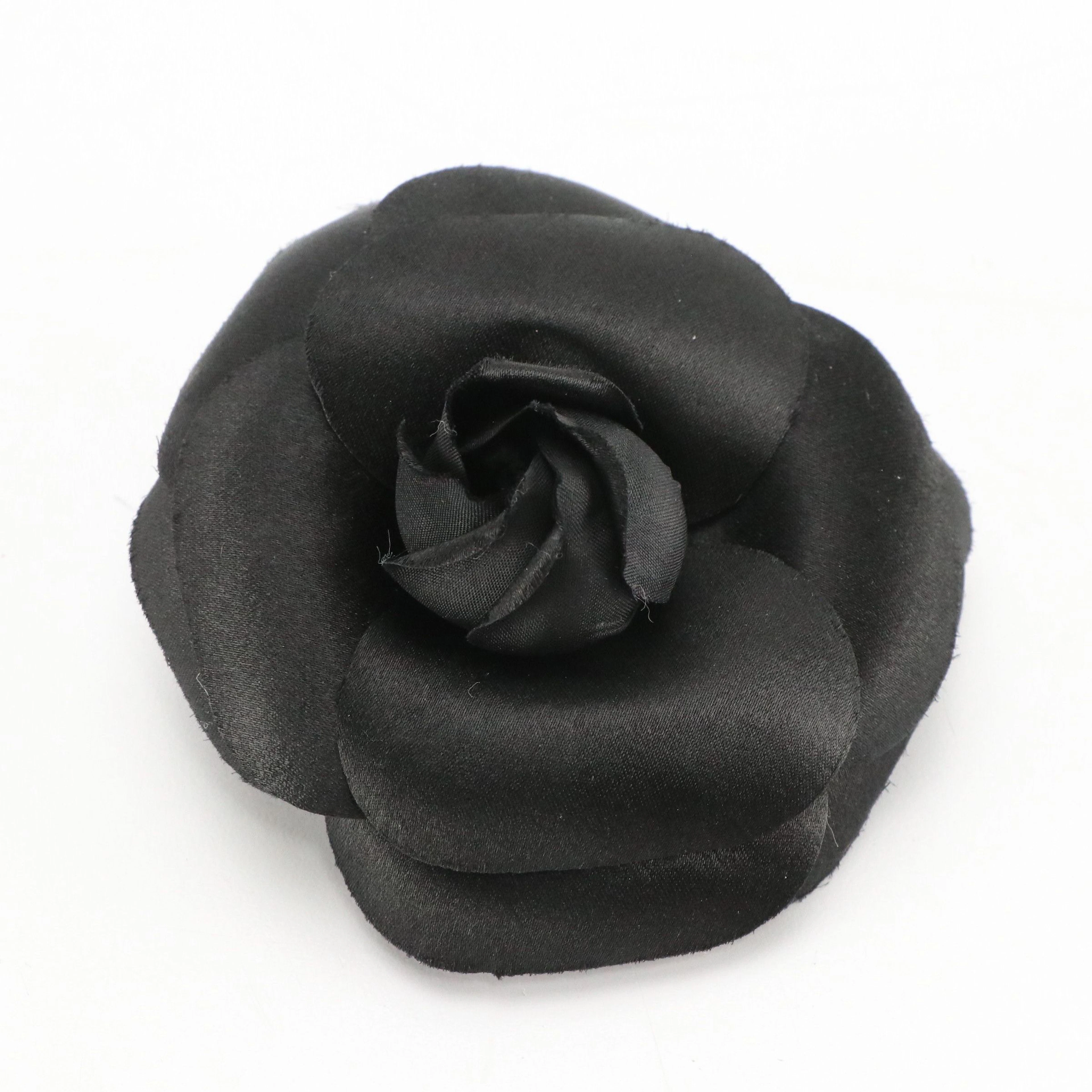 Chanel Black Silk Camellia Flower Brooch