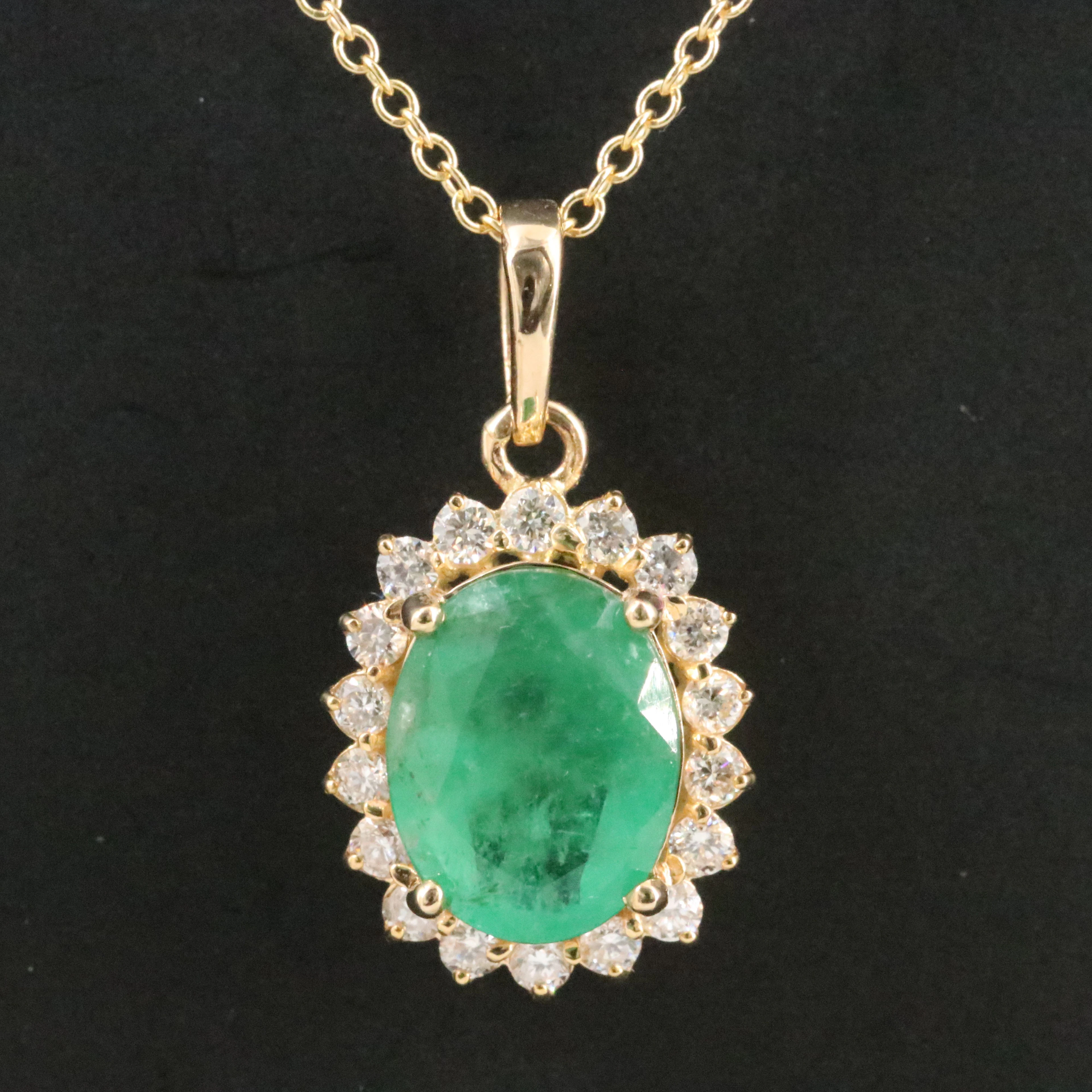 14K 1.65 CT Emerald and Diamond Oval Pendant Necklace