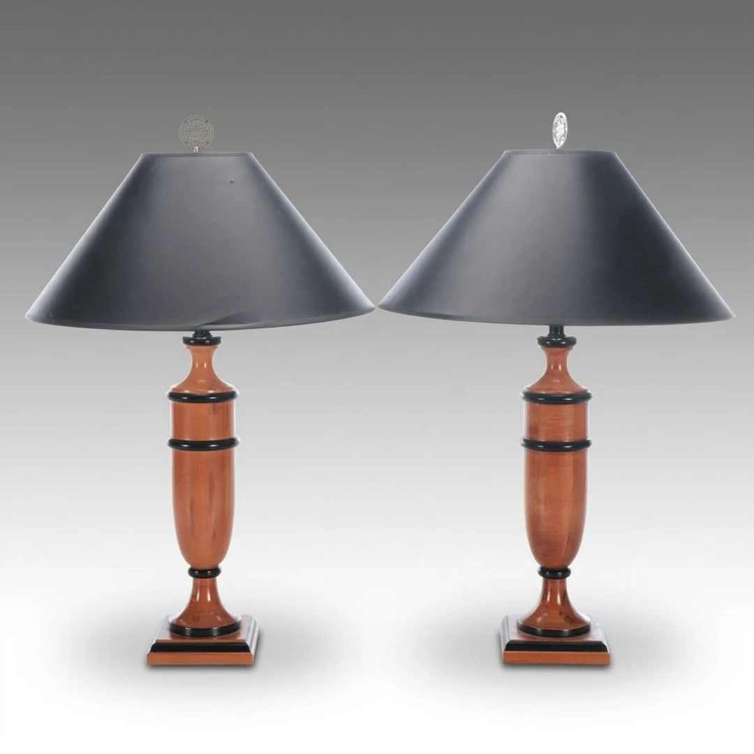 Pair of Black Accented Maple Table Lamps with Robert Abbey Cone Shades