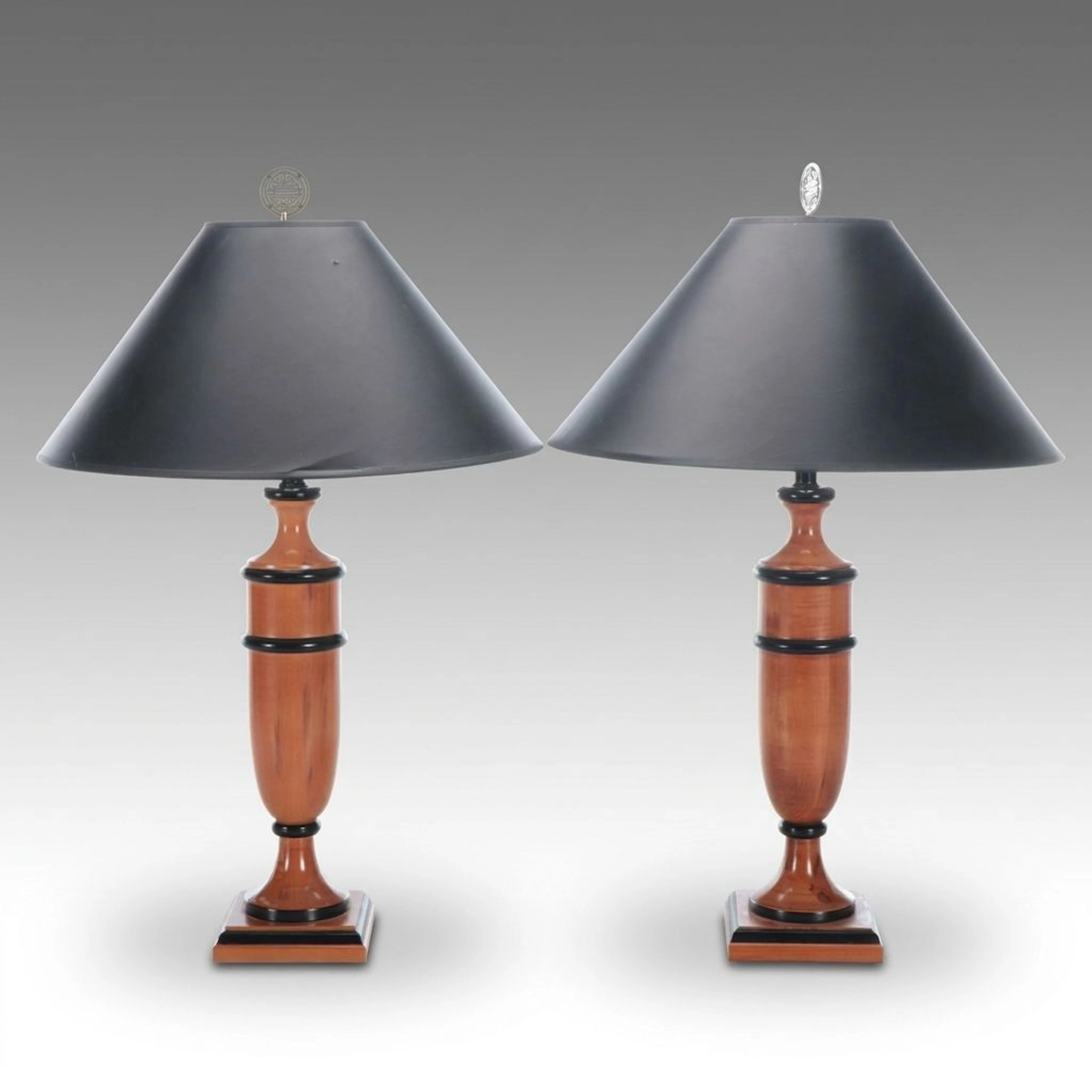 Pair of Black Accented Maple Table Lamps with Robert Abbey Cone Shades