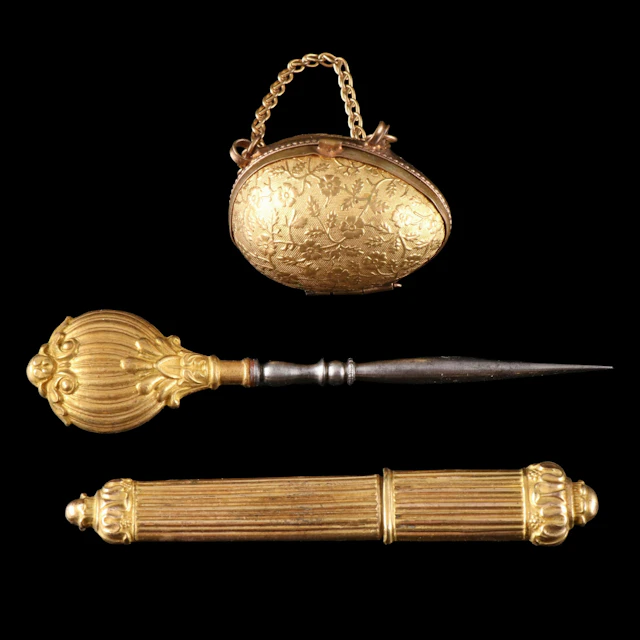 Victorian Era Floral Embossed Gilt Thimble Box, Sewing Awl and Needle Case