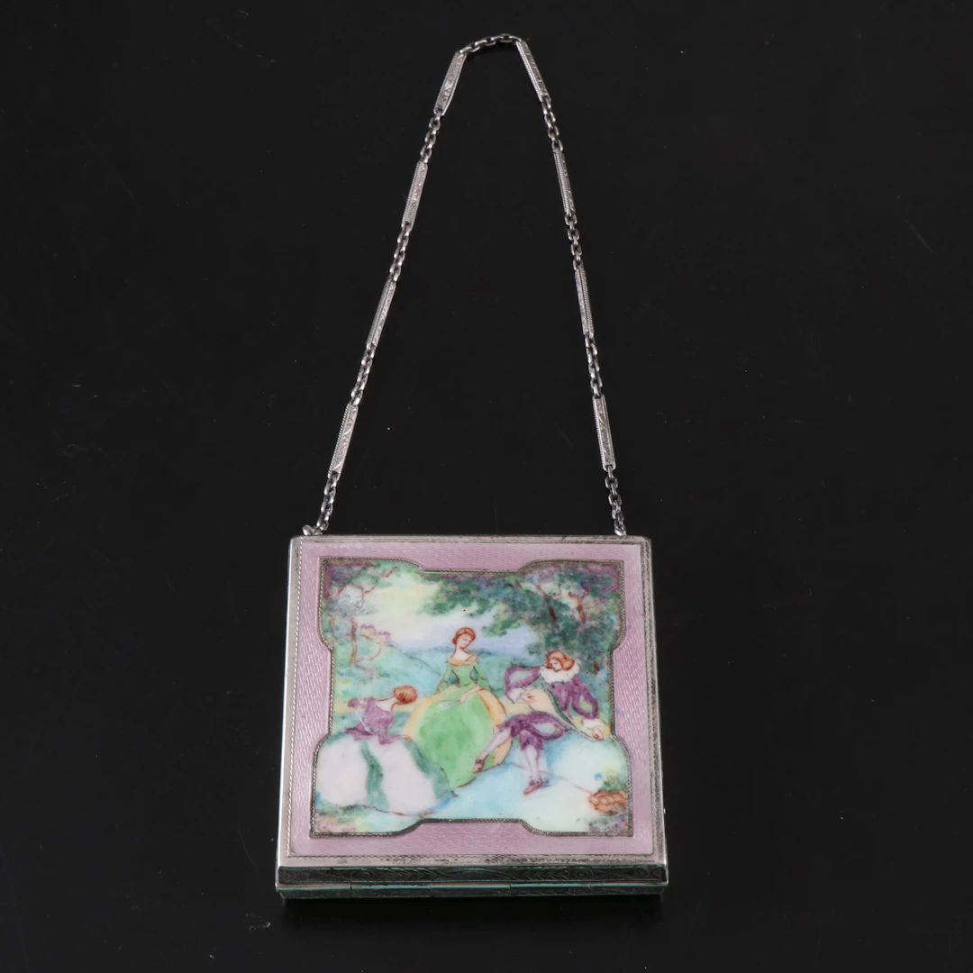 E.A.M. Enameled Sterling Silver Compact Wristlet, Early to Mid-20th Century