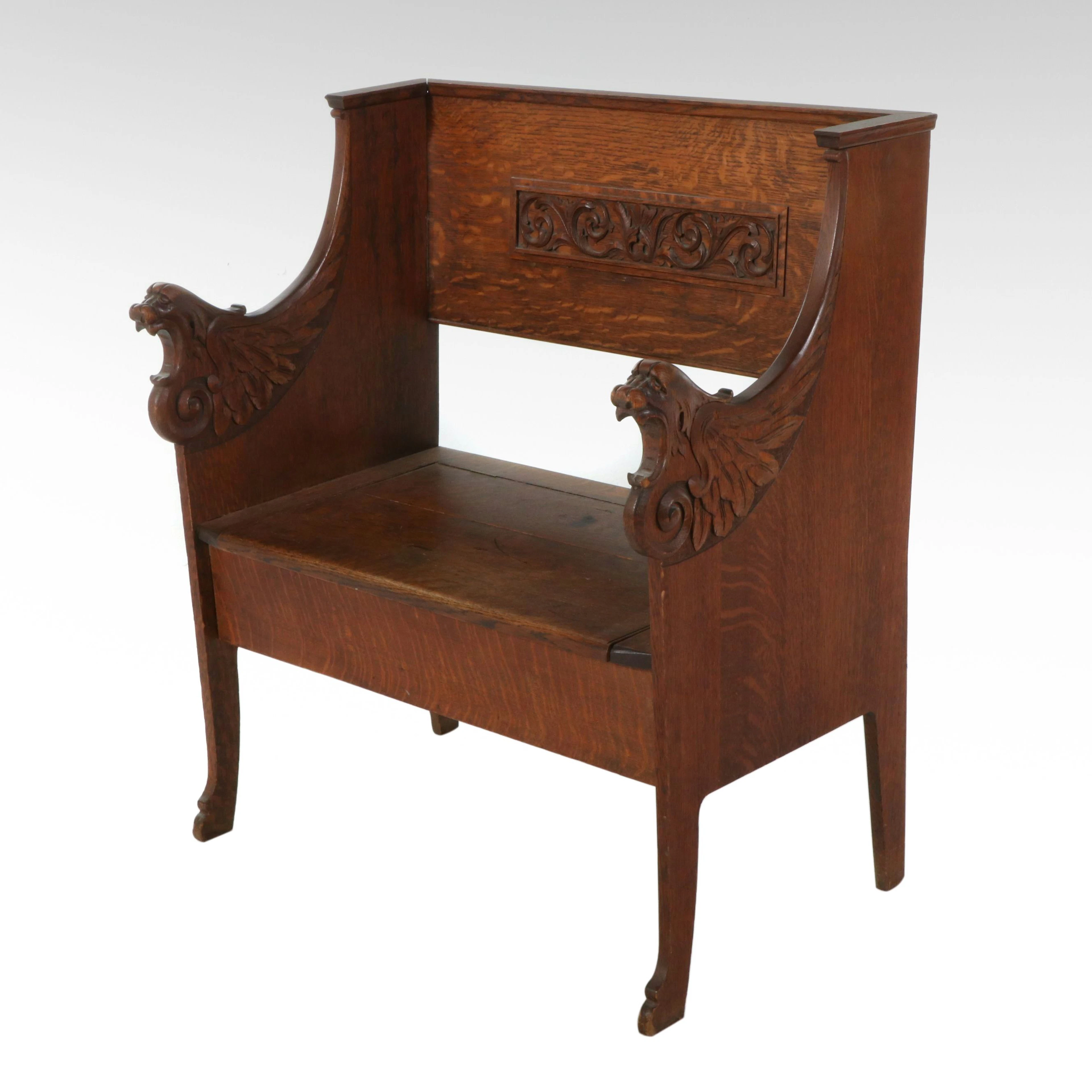 Renaissance Revival Style Carved Oak Bench, Late 19th Century