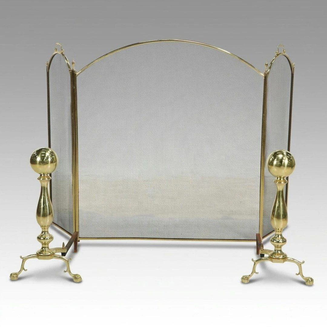 Brass on Cannonball Andirons with Fireplace Screen