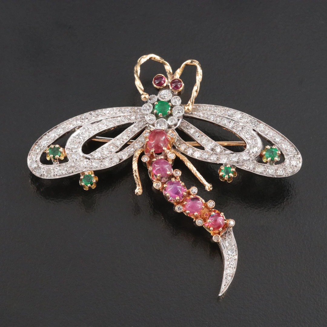 14K 2.13 CTW Diamond Dragonfly Brooch with Ruby Tail and Eyes Emerald Accents