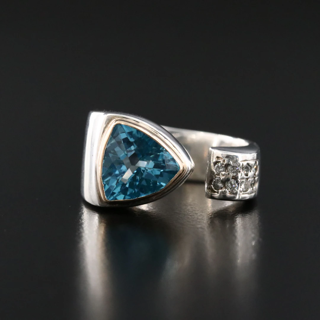 Michael Dawkins Sterling Blue Topaz and Diamond Open Top Ring
