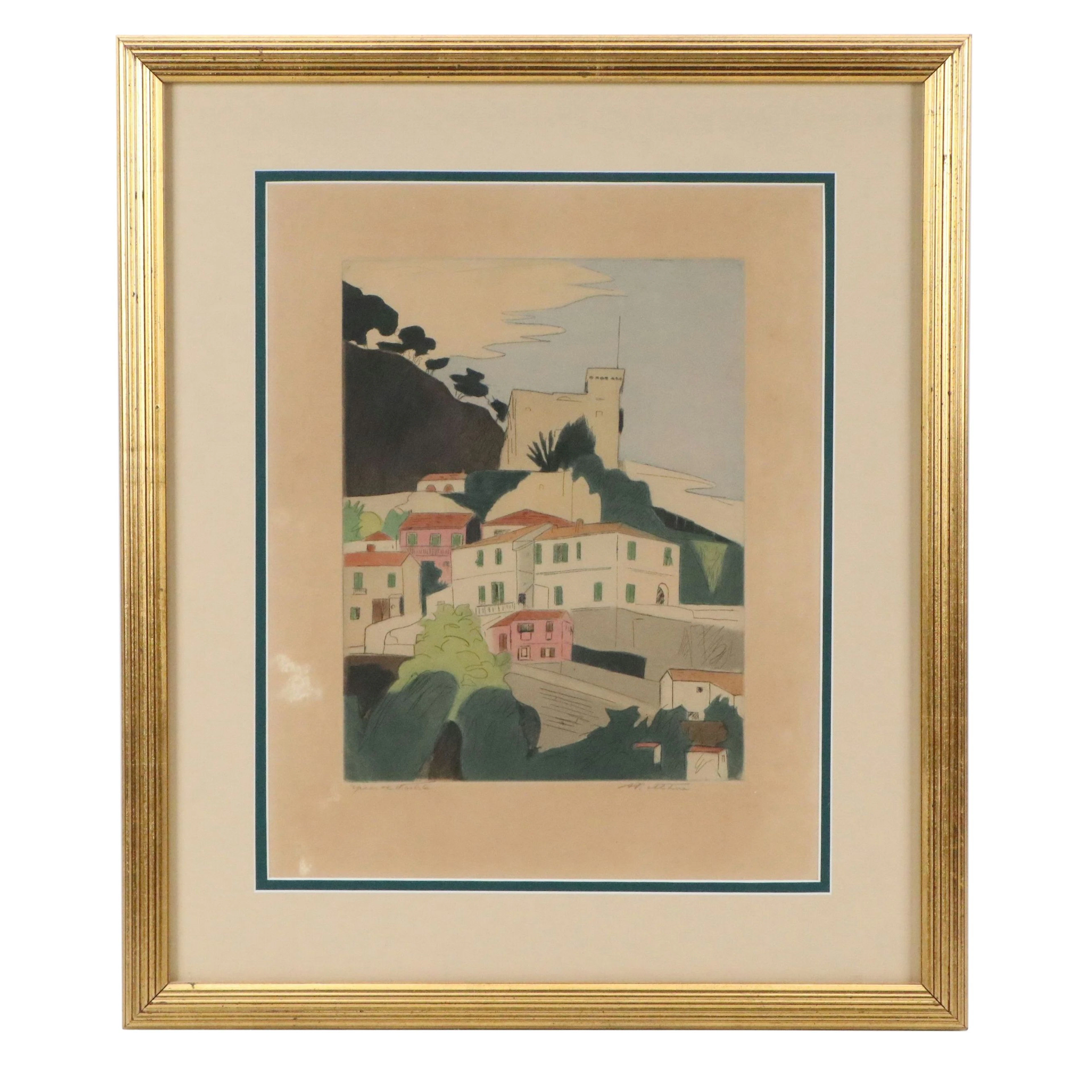 Augusta Payne Rathbone Aquatint Etching "Roquebrune, French Riviera,"