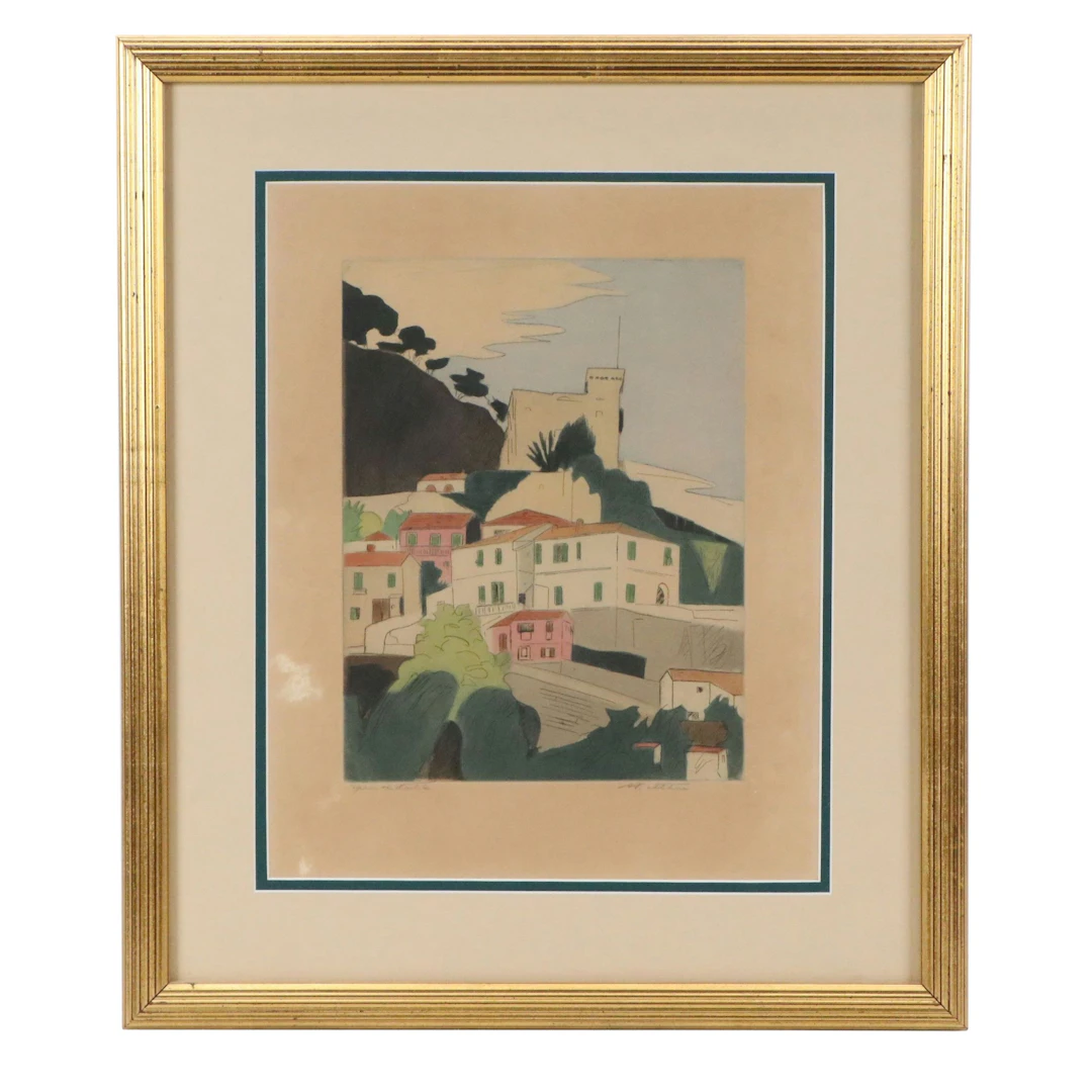 Augusta Payne Rathbone Aquatint Etching "Roquebrune, French Riviera,"