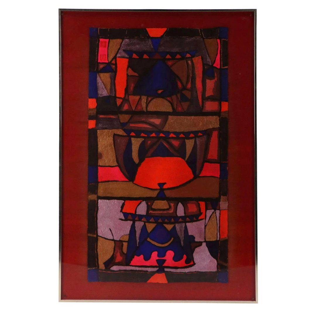 Kwok Abstract Embellished Relief Print in Red, Orange, Purple, and Blue, 1980
