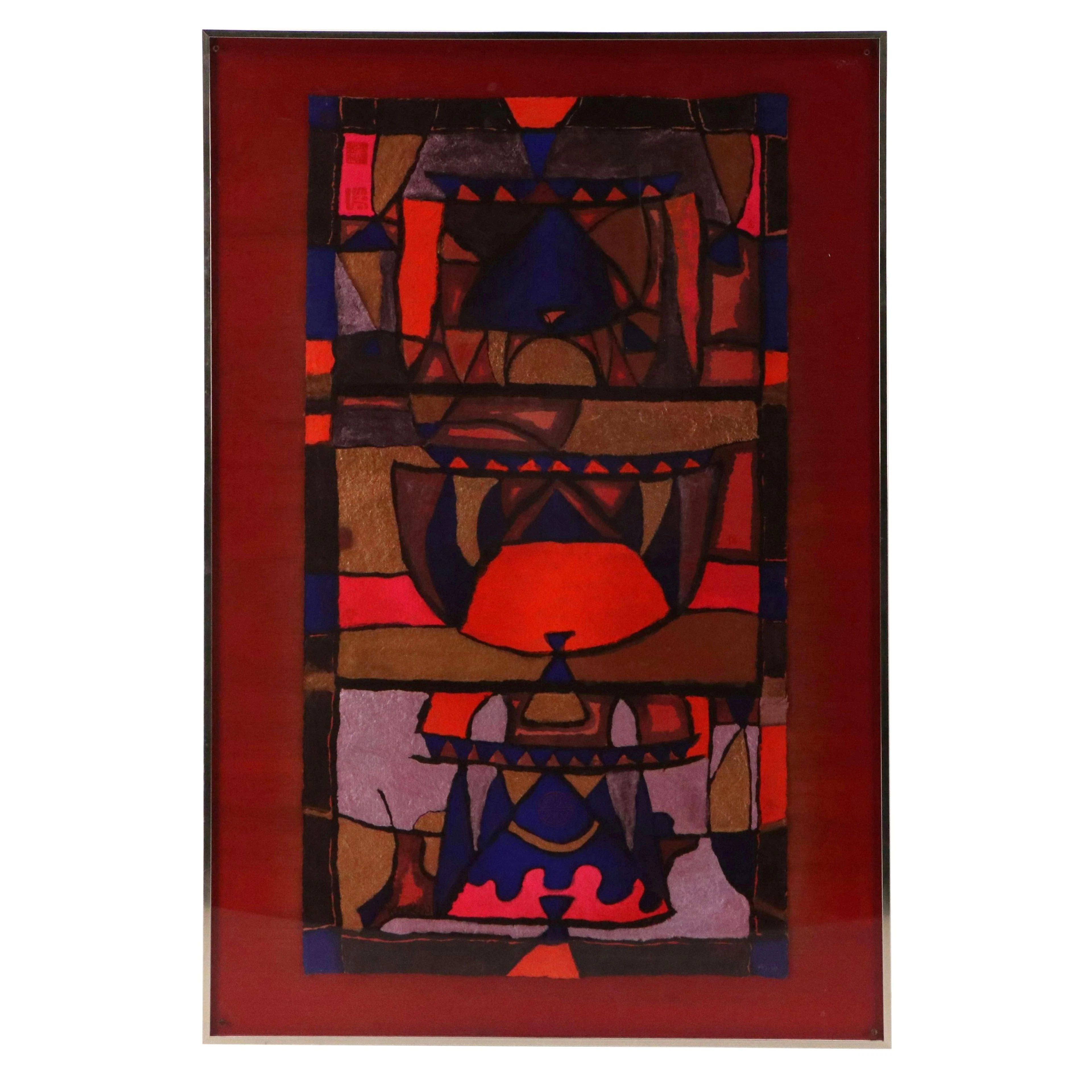 Kwok Abstract Embellished Relief Print in Red, Orange, Purple, and Blue, 1980