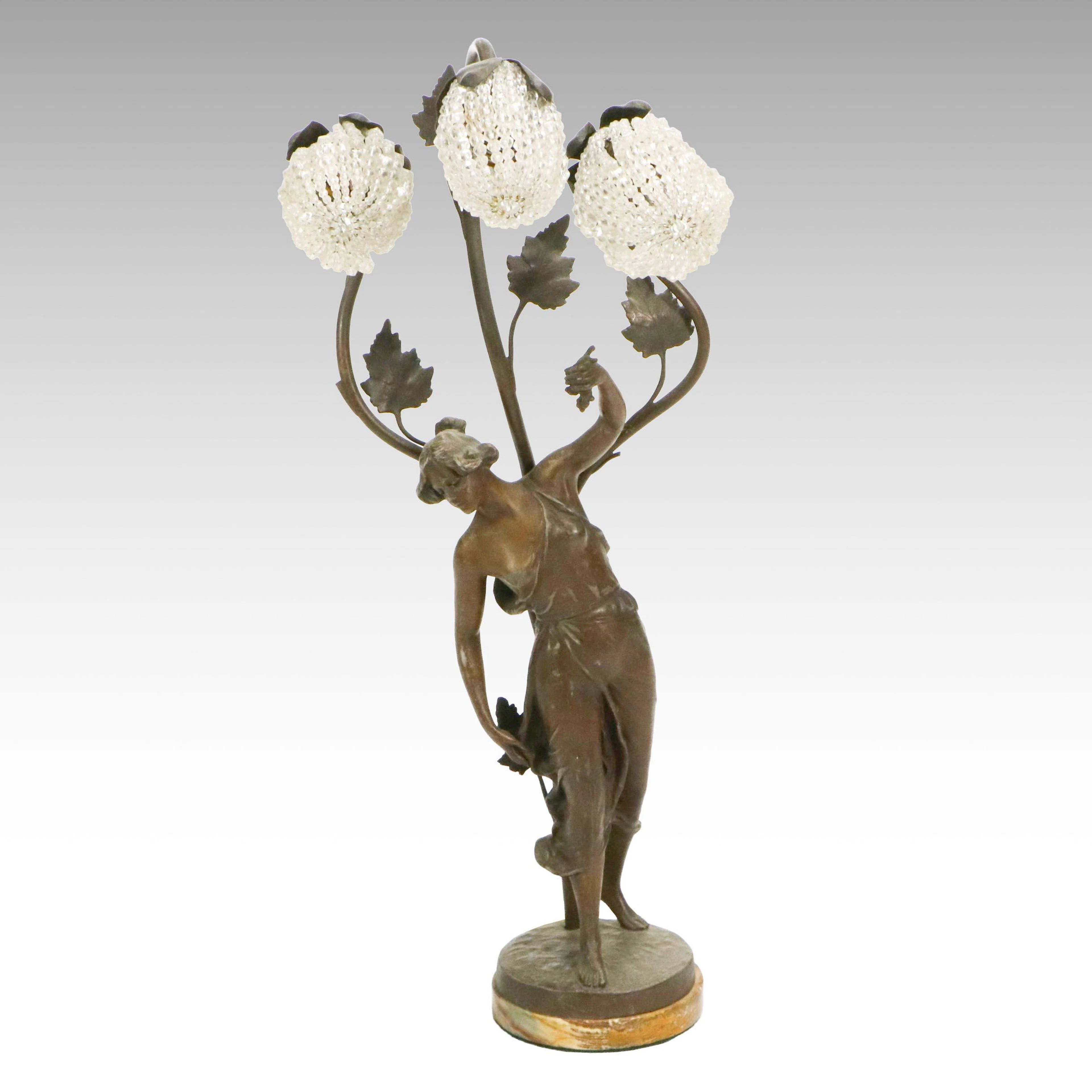 Art Nouveau Baluster Style Spelter Lamp with Beaded Shades, Vintage