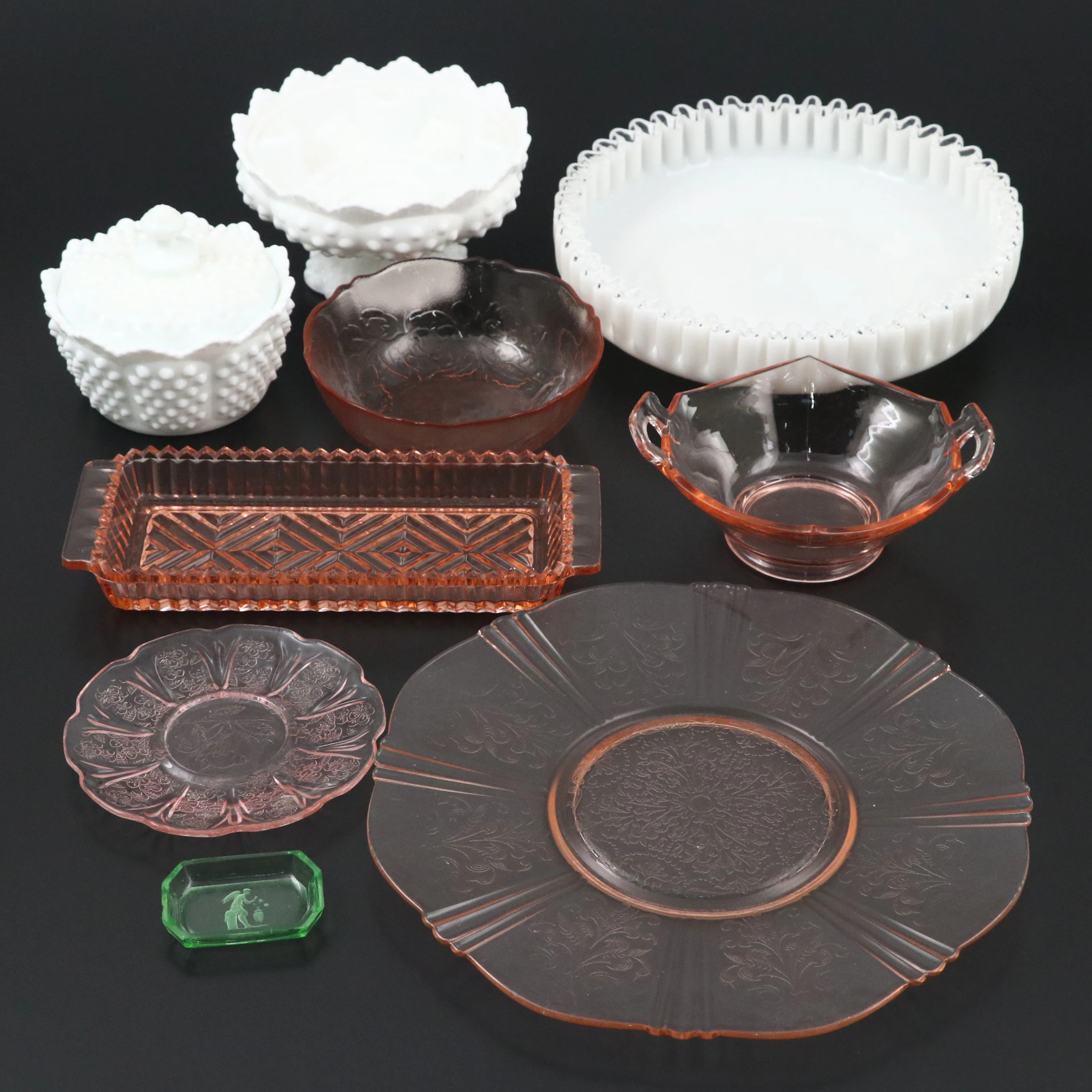Pink Glass Handled Bowl, Hobnail Milk Glass Candy Dish, and More Tableware