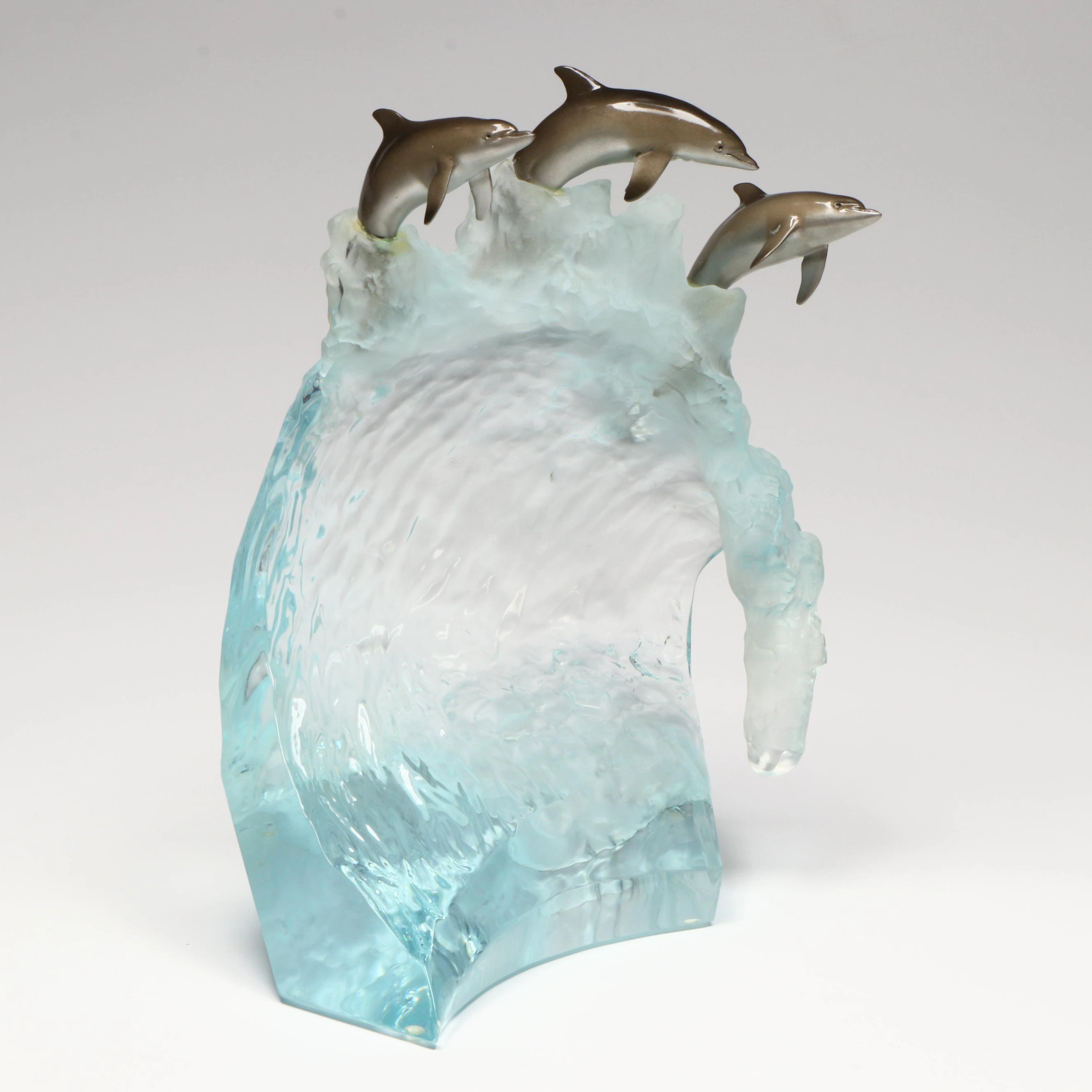 Robert Wyland Sculpture of Three Dolphins Cresting Lucite Wave