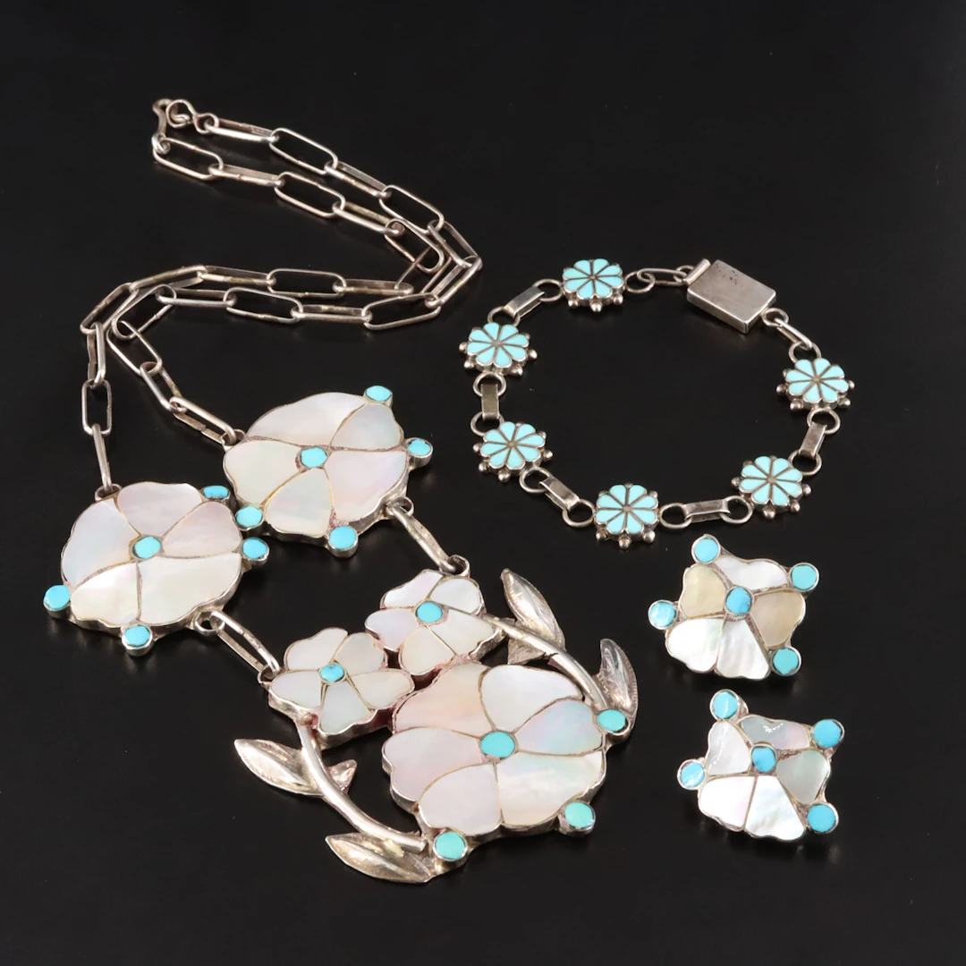 Anselm Wallack Zuni Featured in Sterling Mother-of-Pearl & Turquoise Jewelry