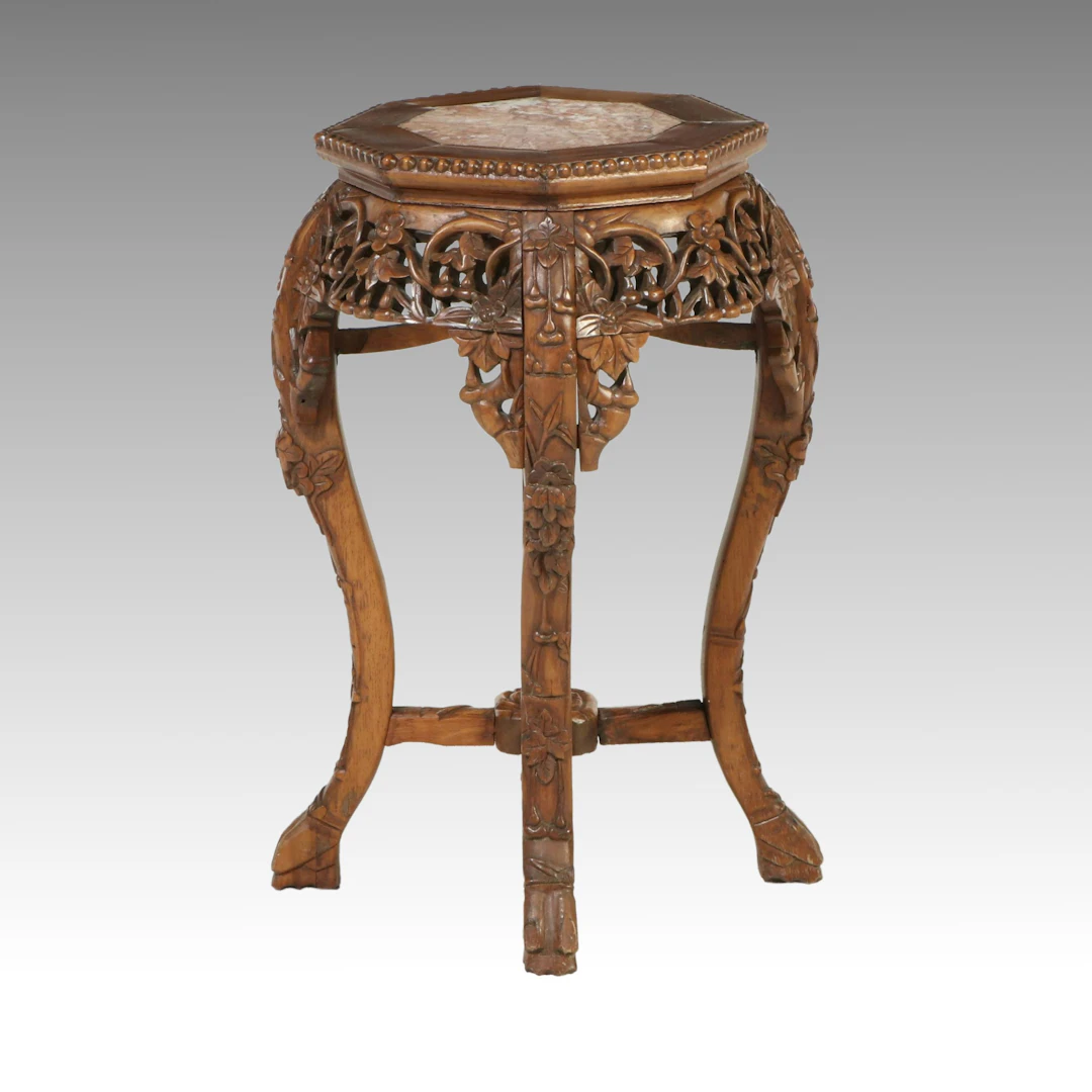 Chinese Carved Hardwood Plant Stand with Marble Top