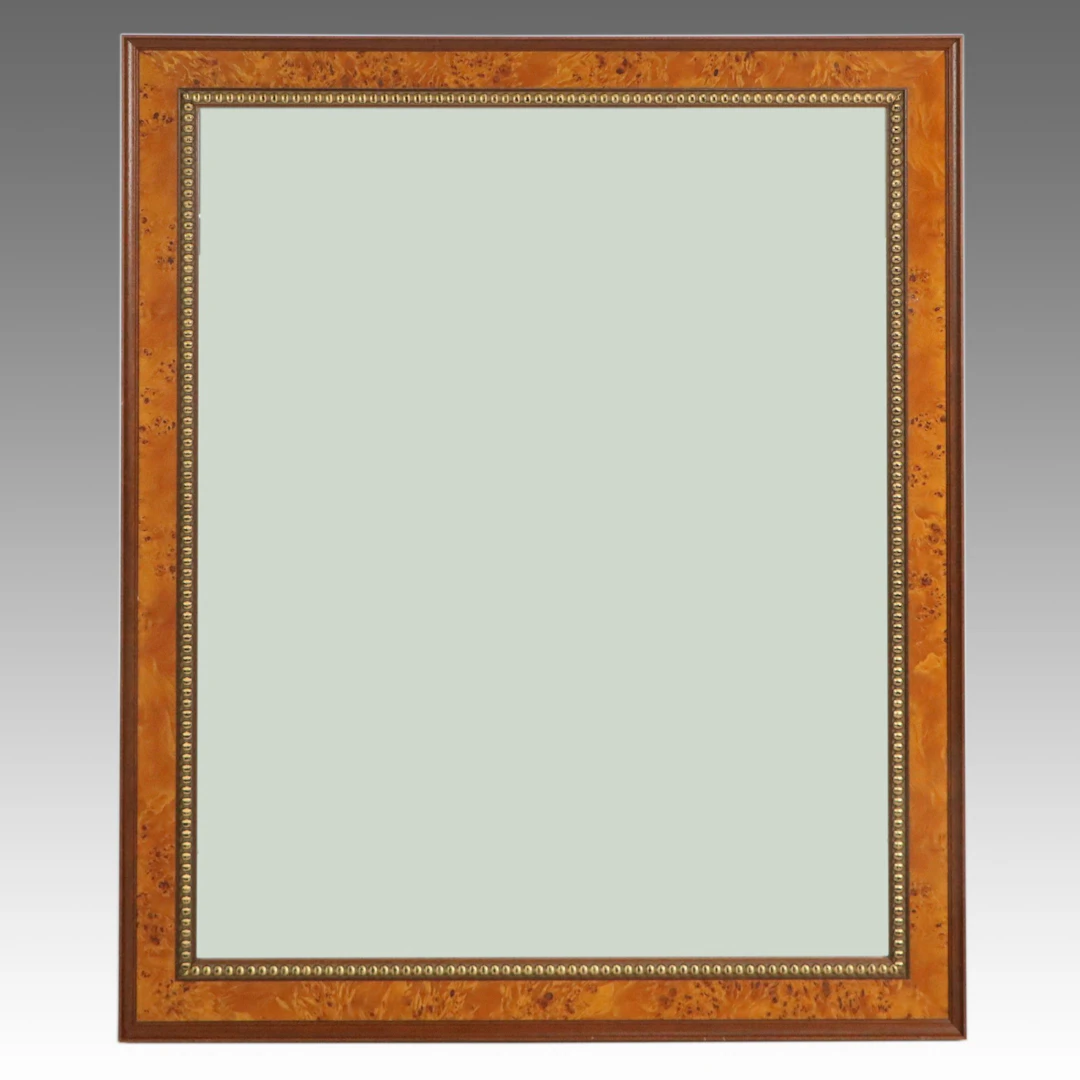 Burl Wood Veneer Wall Mirror with Beaded Trim