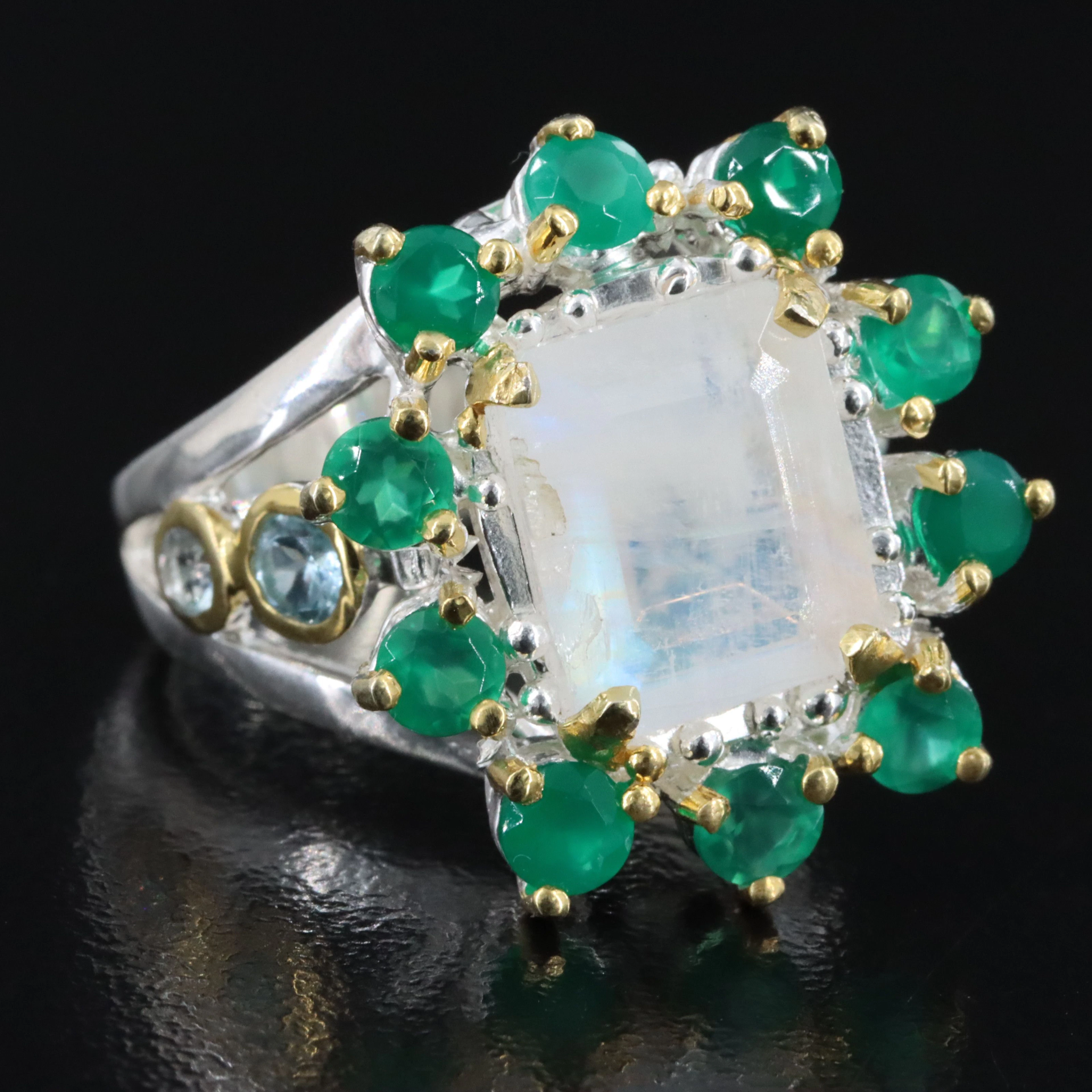 Sterling Rainbow Moonstone and Chalcedony Ring