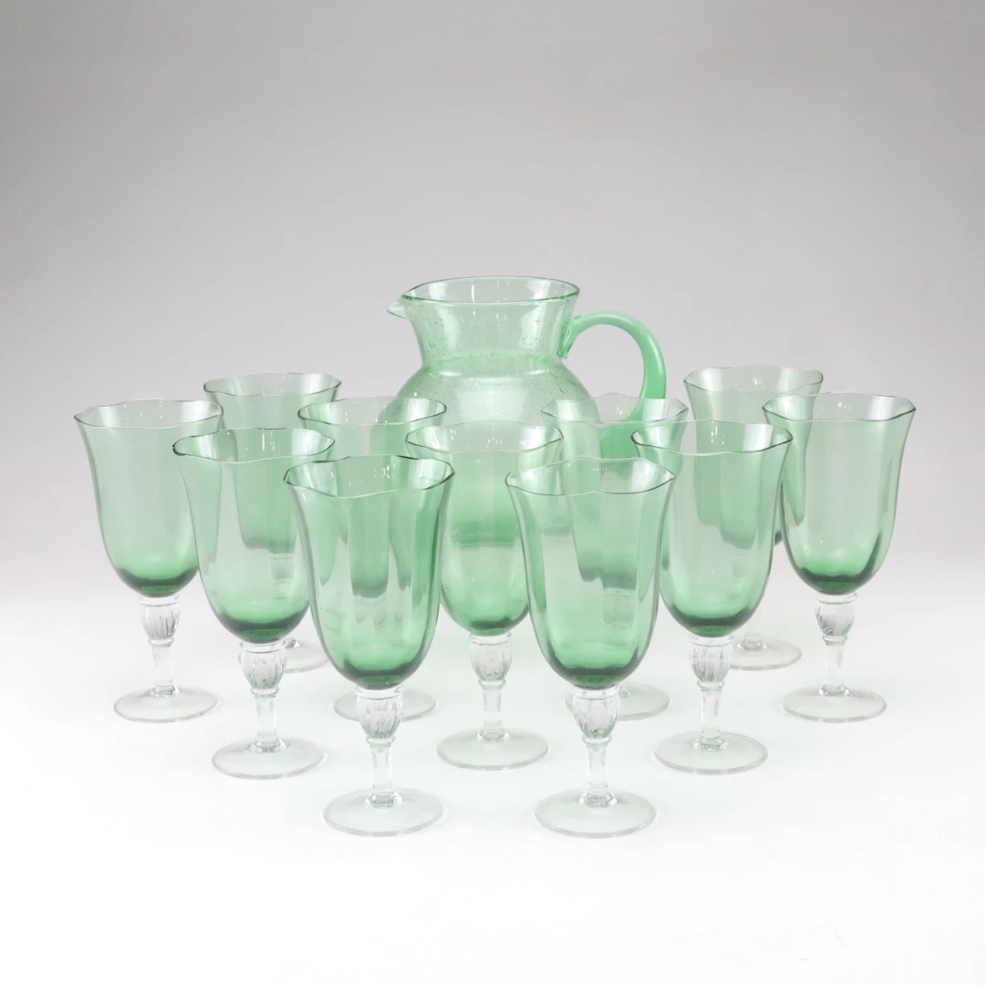 Gorham Crystal "Rose Serenade" Iced Tea Glasses with Glass Bubble Pitcher