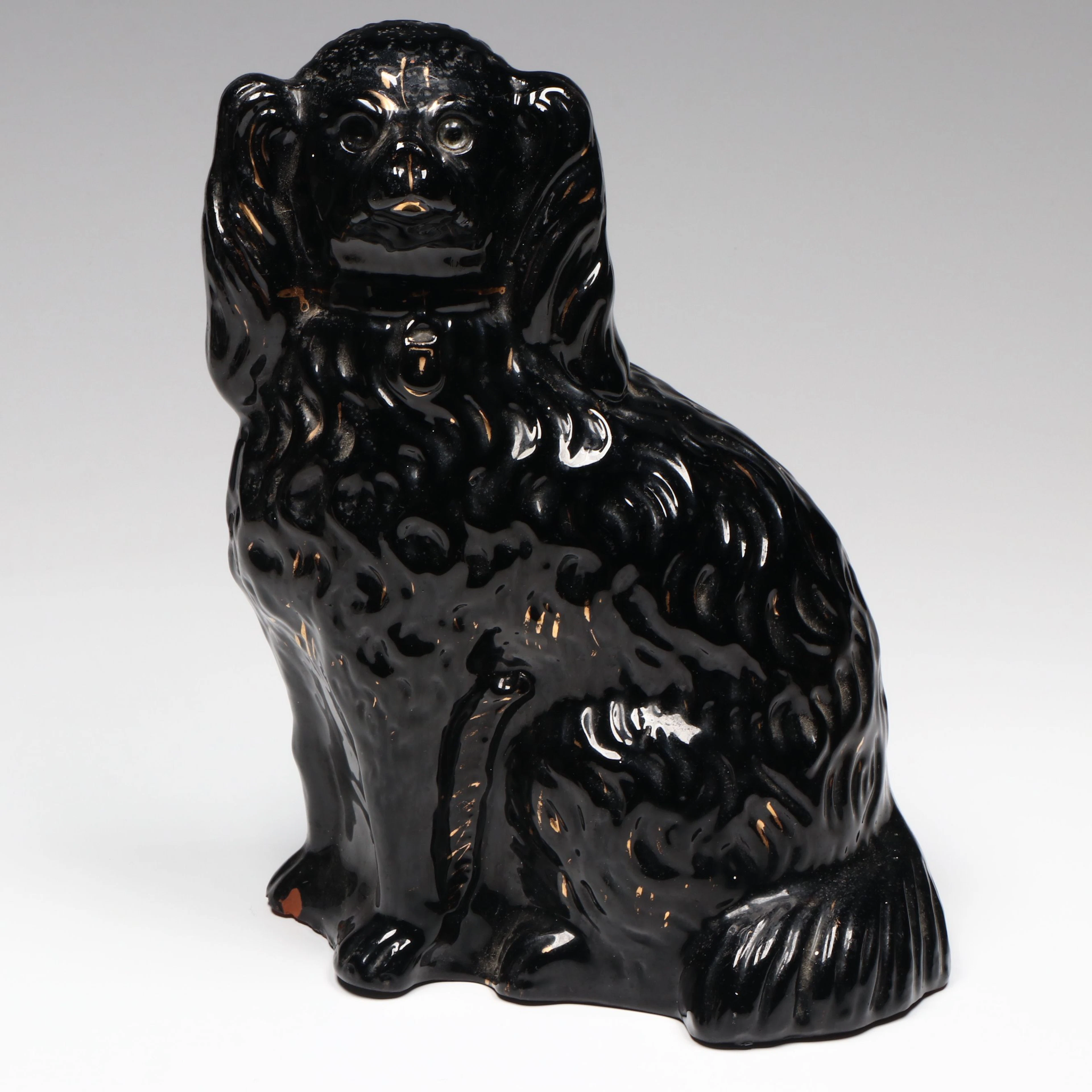 Victorian Jackfield Staffordshire Gilt Black Spaniel, Late 19th Century