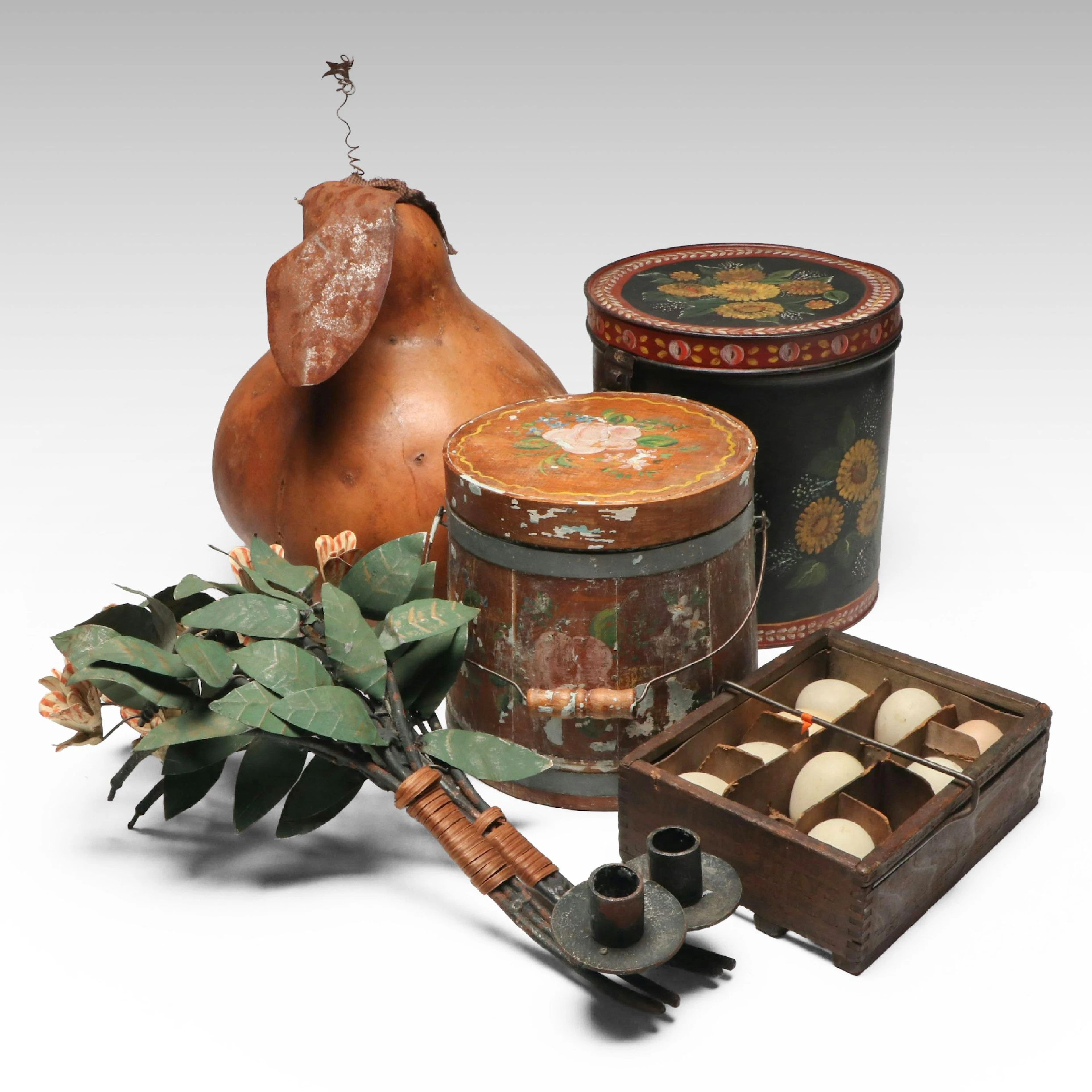 Folk Art Hand-Painted Canister, Firkin with Candlesticks, Gourd and More