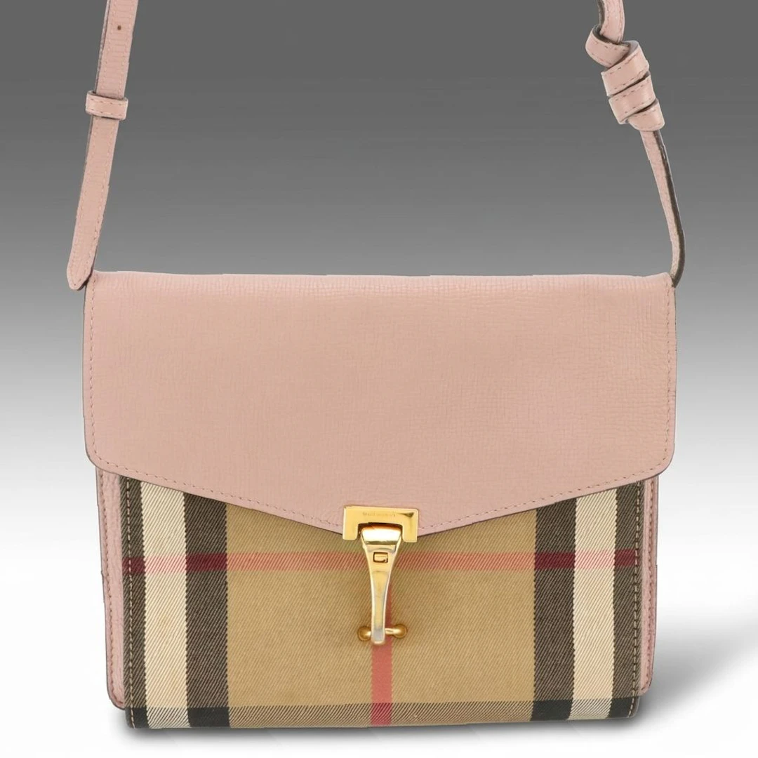 Burberry Macken Crossbody Bag in House Check Canvas and Pink Grained Calfskin
