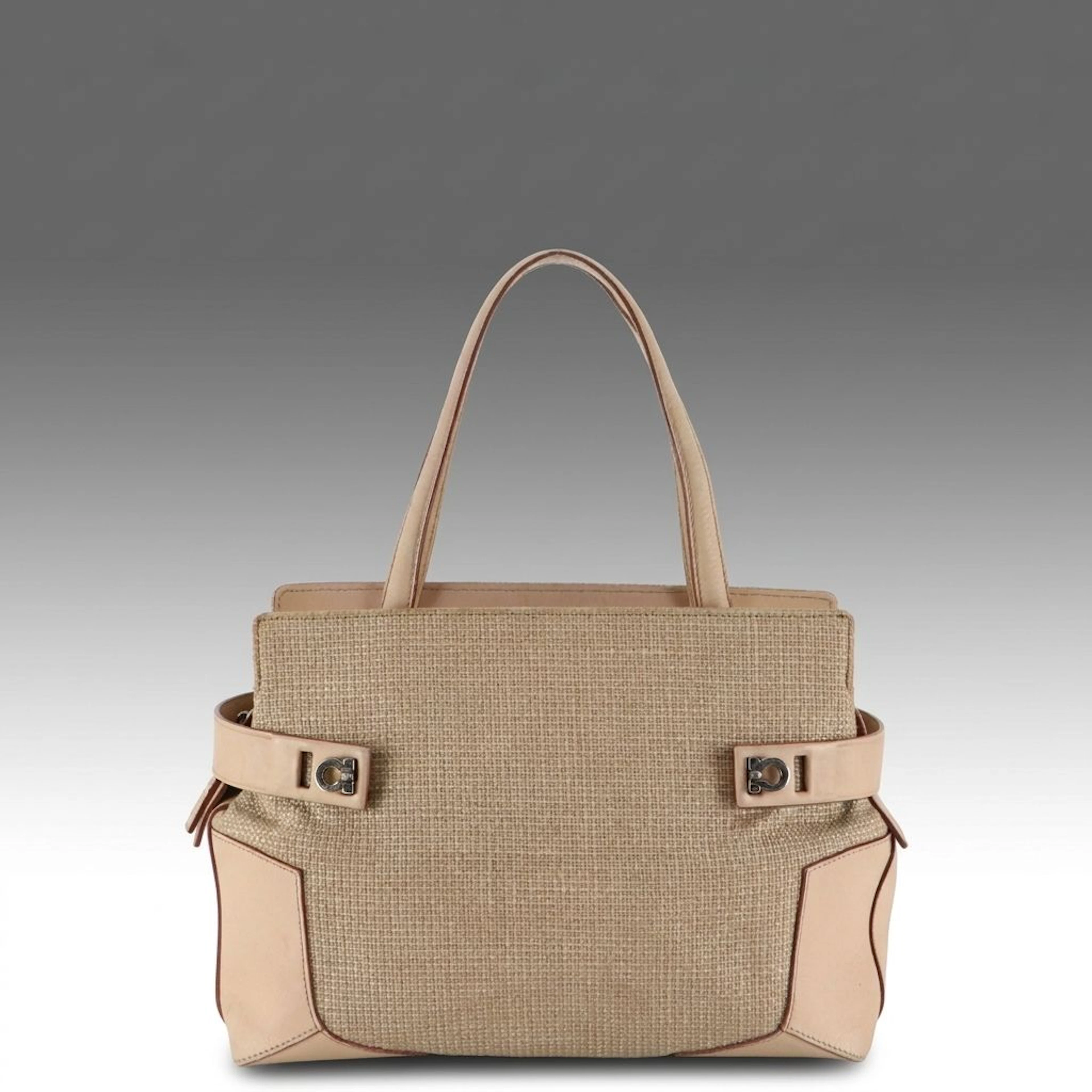 Salvatore Ferragamo Gancini Shoulder Bag in Woven Canvas and Beige Leather