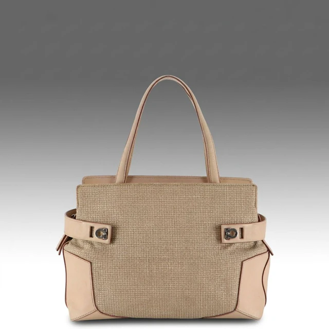 Salvatore Ferragamo Gancini Shoulder Bag in Woven Canvas and Beige Leather