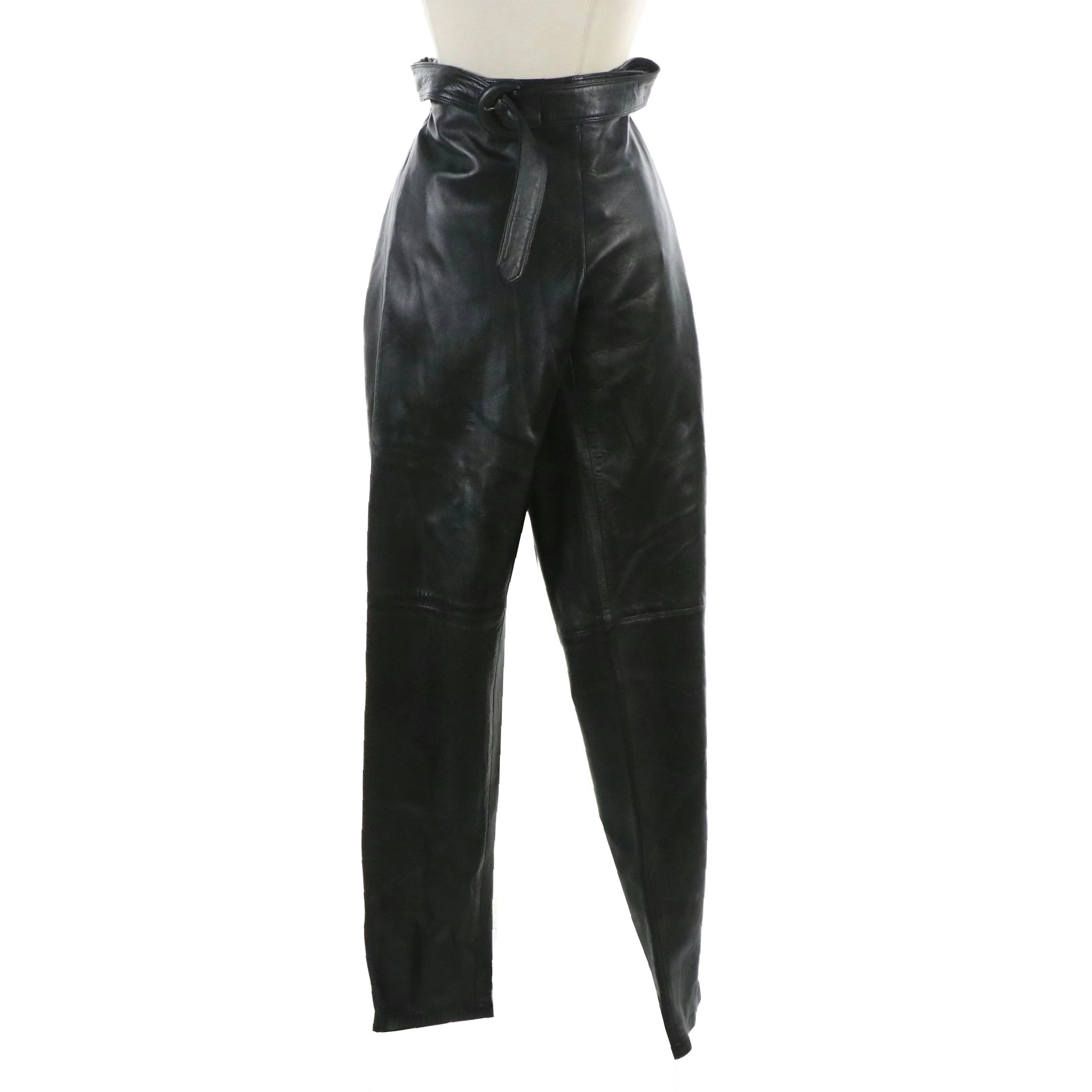 Gianni Versace Black Lambskin Leather Belted Pants
