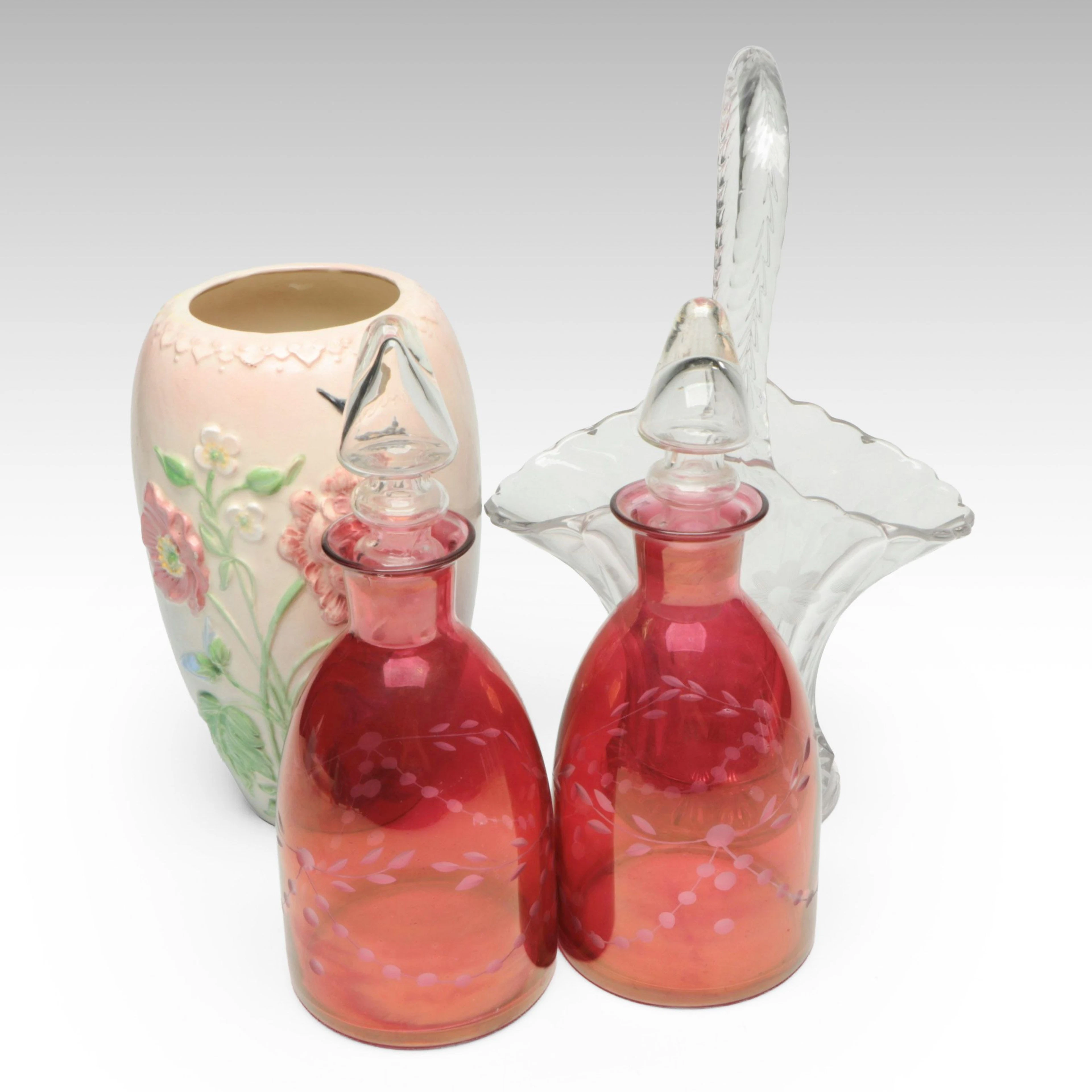 Pressed Glass Etched Floral Basket Vase with Cruets and Vase