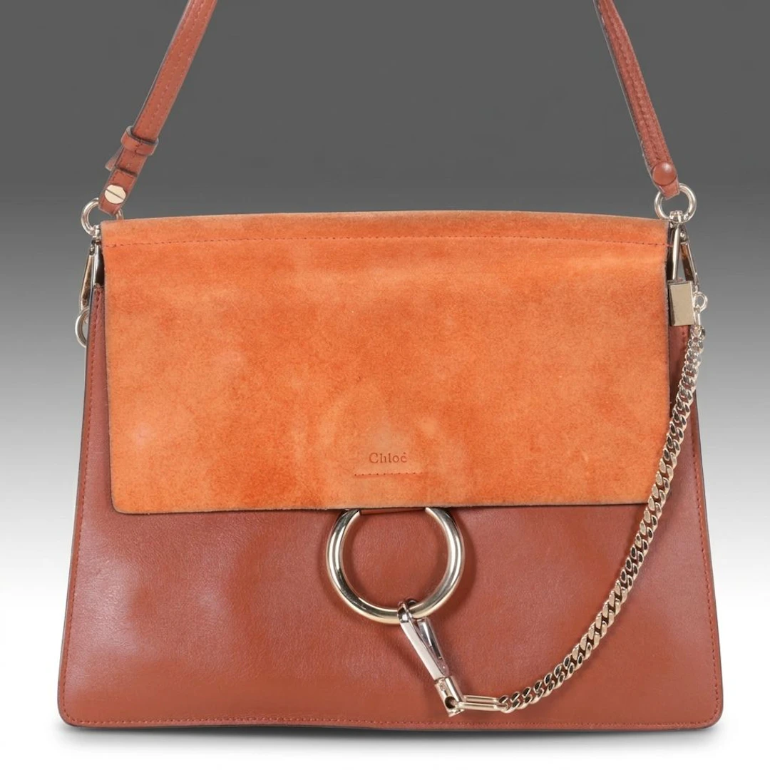 Chloé Faye Shoulder Bag in Orange Suede and Brown Calfskin Leather
