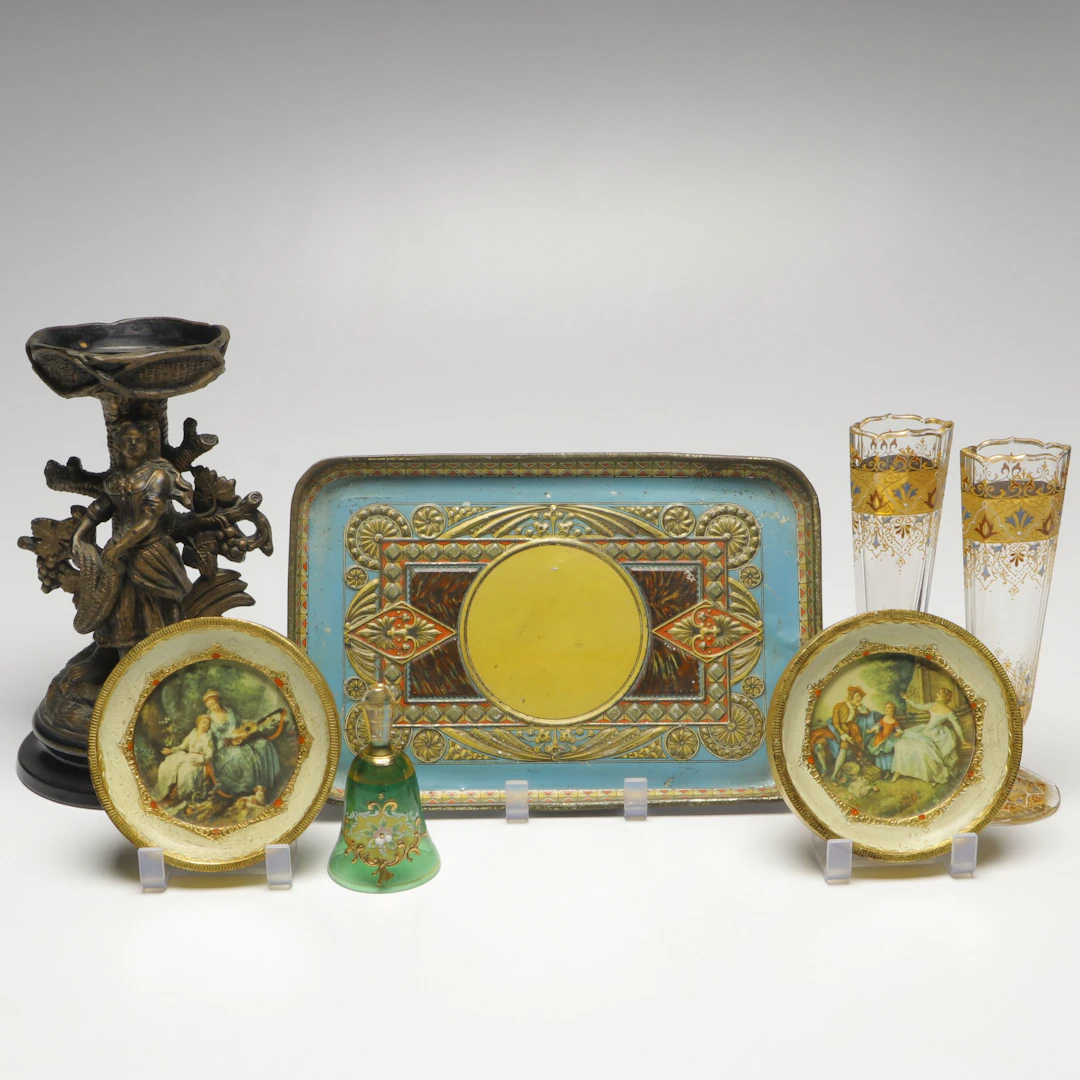 Moser Bohemian Gilt Glass Footed Vases, Maiden Candle Holder and More Décor