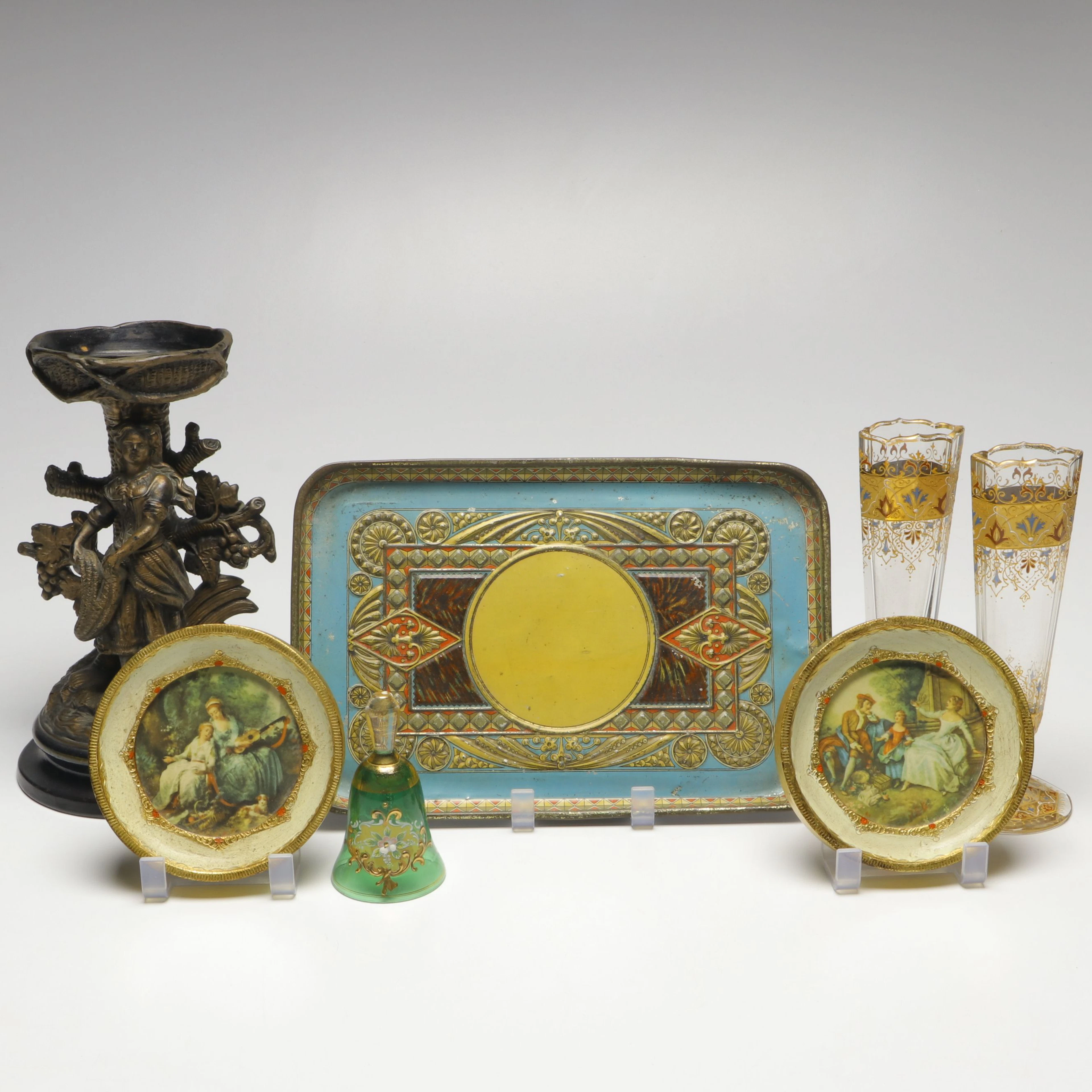 Moser Bohemian Gilt Glass Footed Vases, Maiden Candle Holder and More Décor