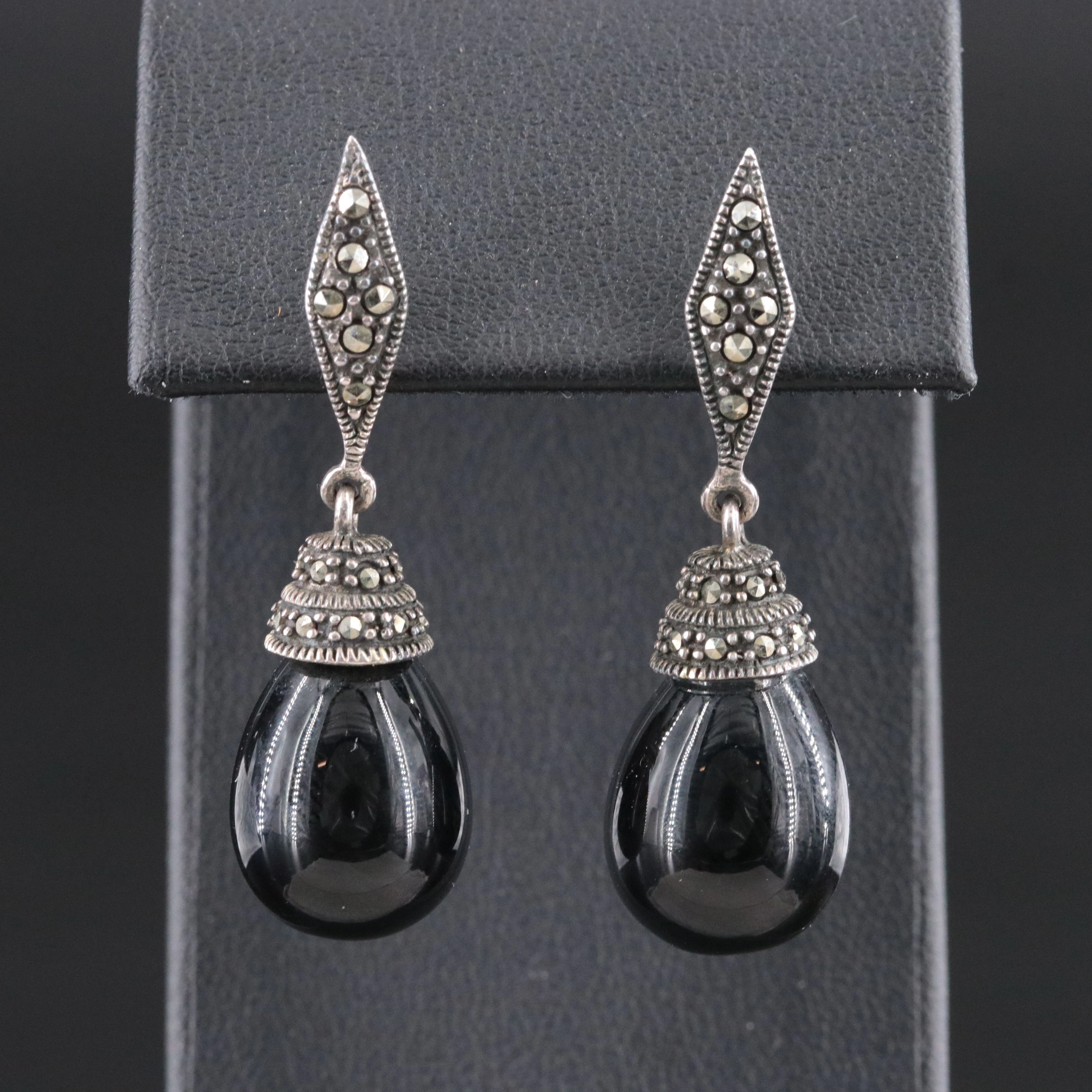 Sterling Black Onyx and Marcasite Pendant Earrings
