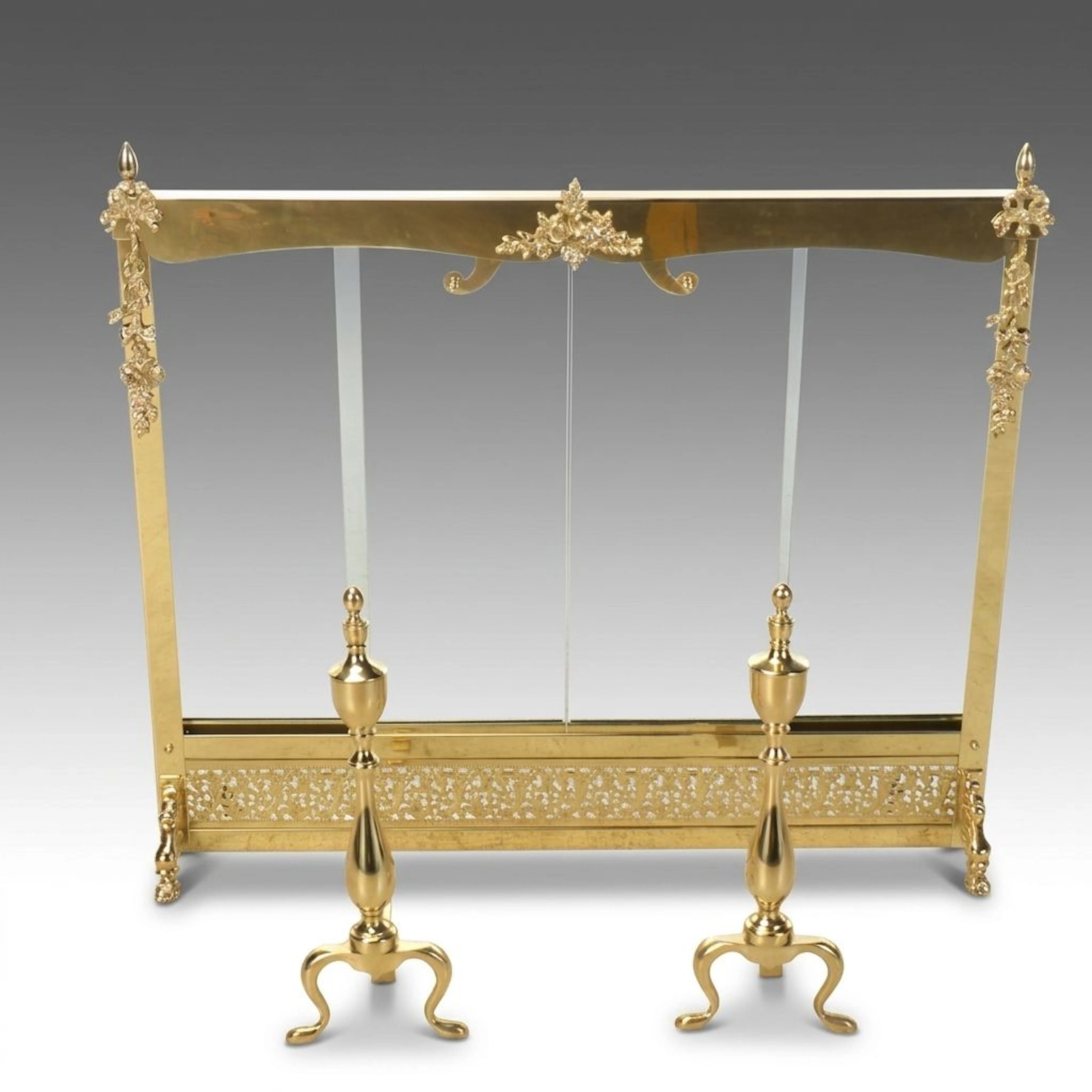 Victorian Style Glass Front Fireplace Screen with Chippendale Style Andirons