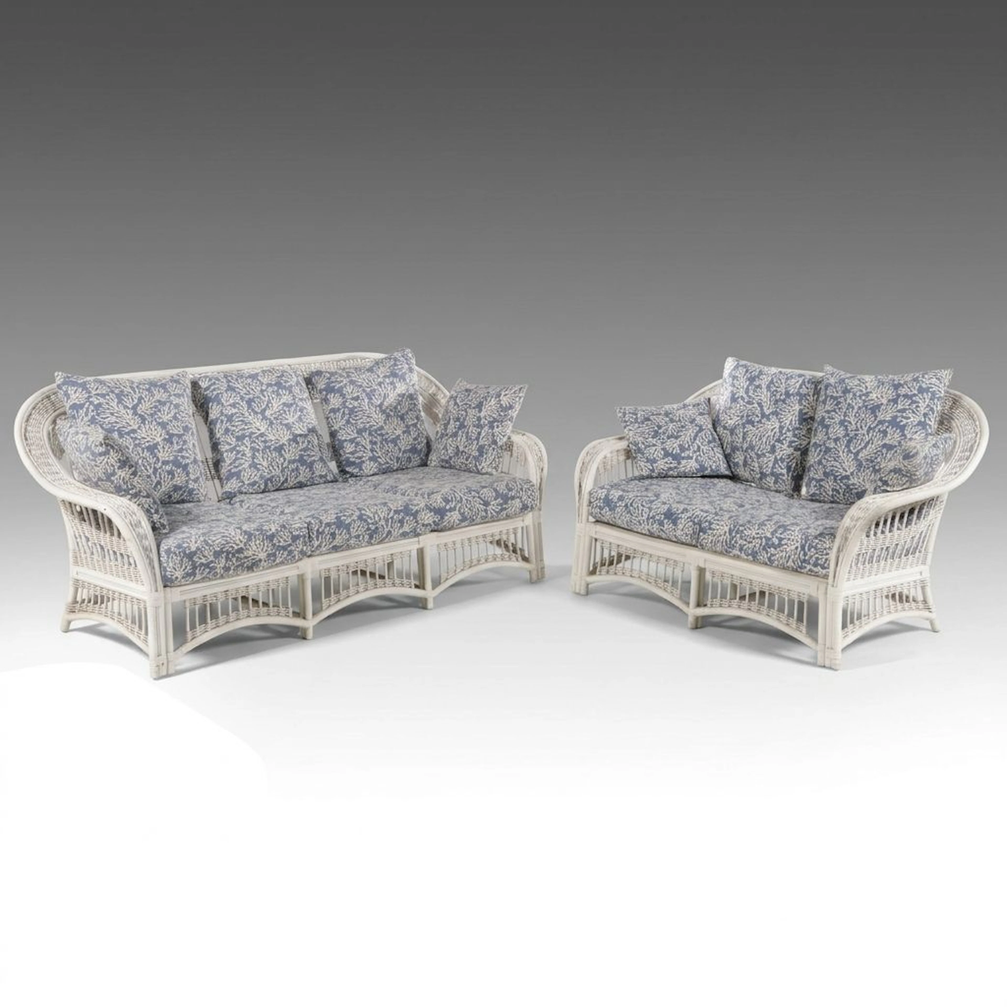 White-Painted Wicker Rattan Patio Sofa and Loveseat