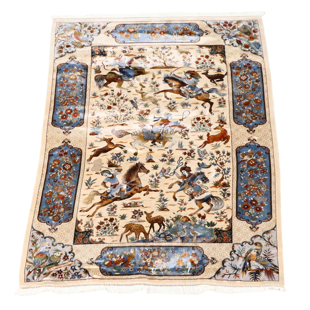3'9 x 5'9 Machine Made Persian Qom Style Hunting Scene Area Rug