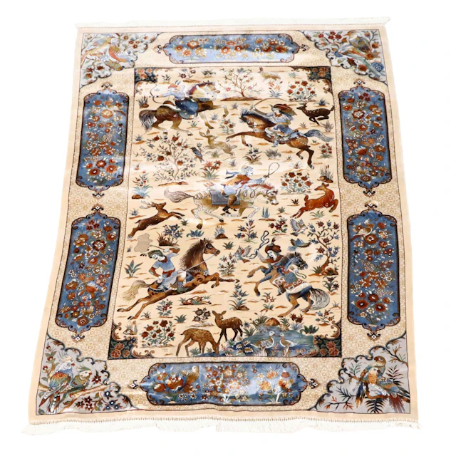 3'9 x 5'9 Machine Made Persian Qom Style Hunting Scene Area Rug