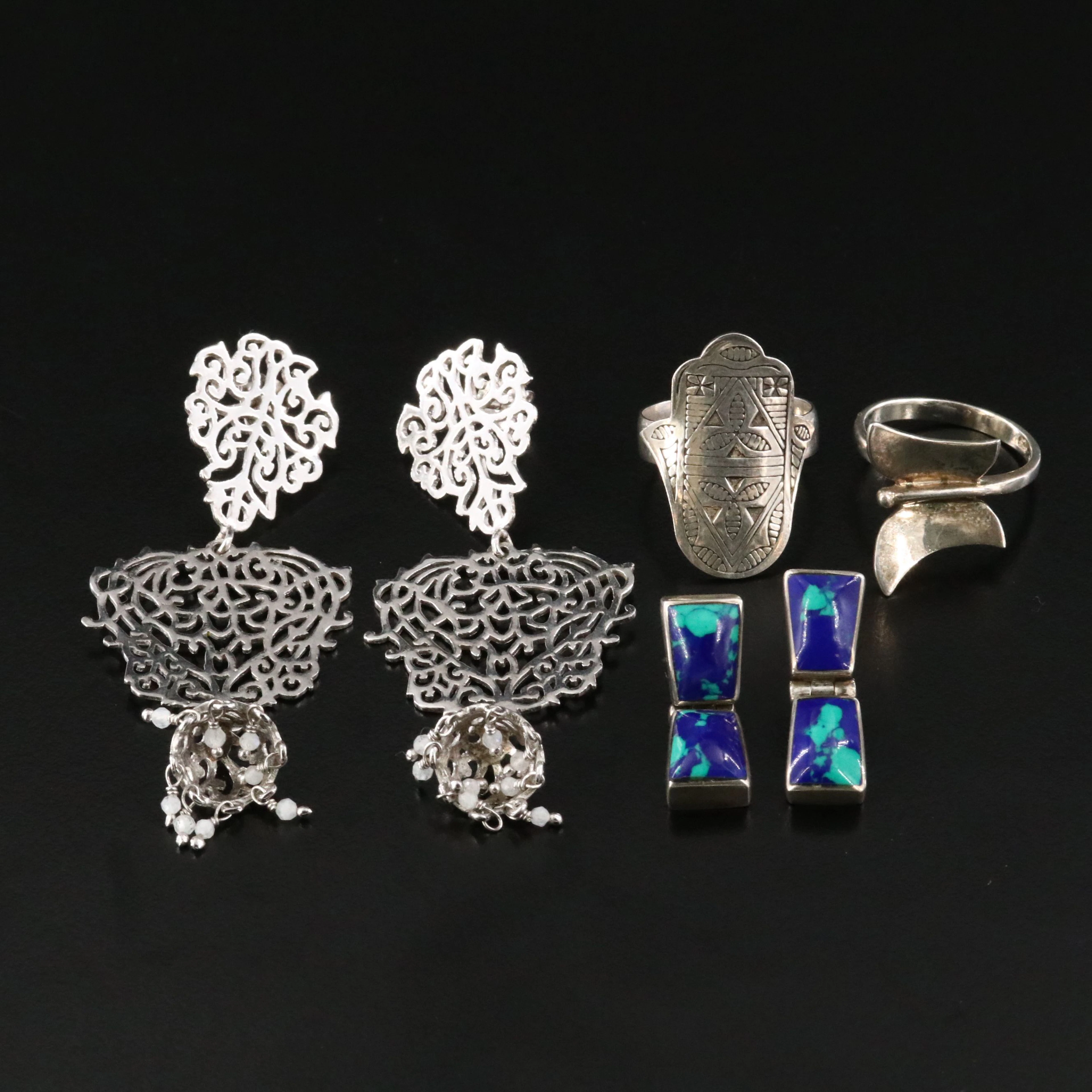 Sterling, Hamsa Featured in Earrings and Rings