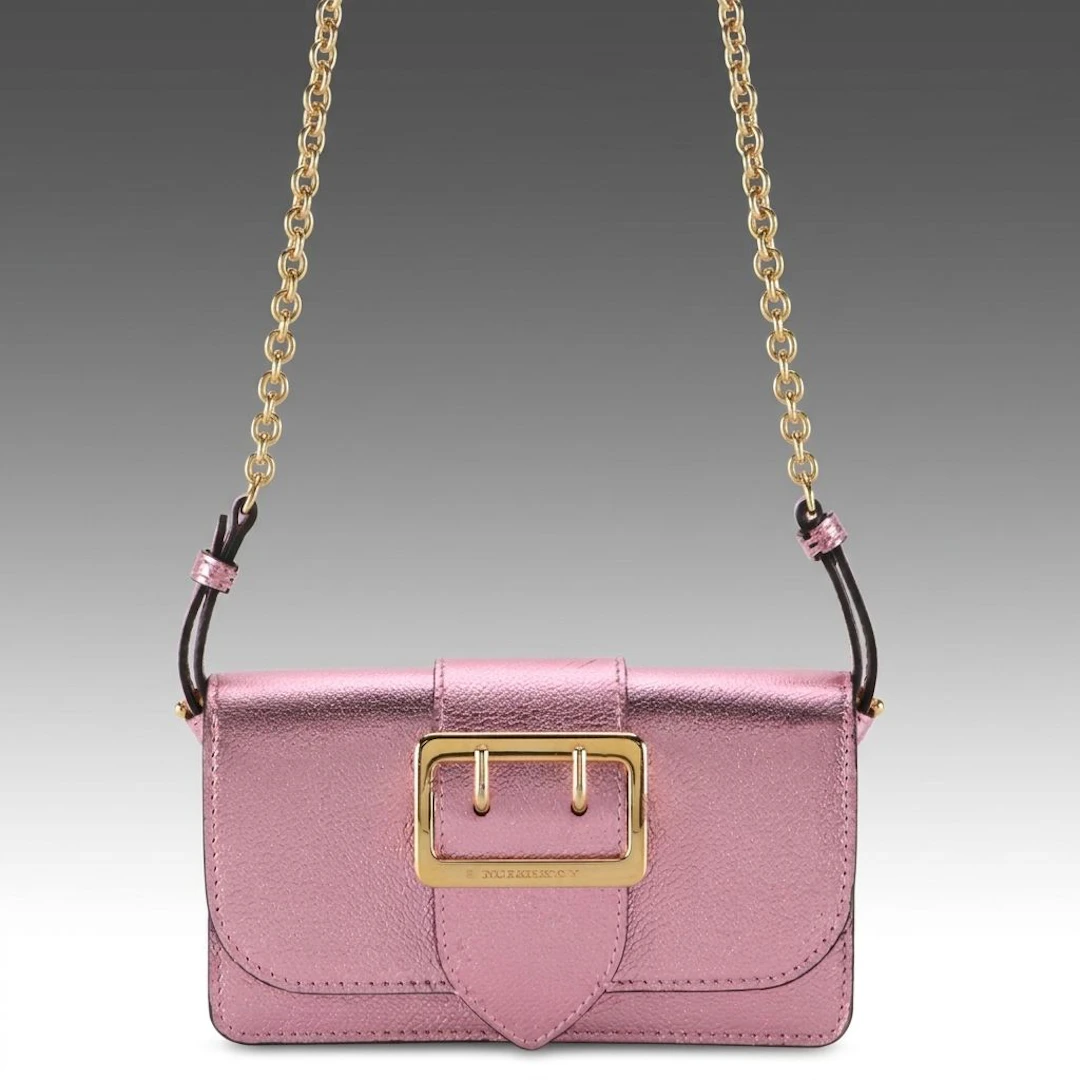 Burberry Two Prong Buckle Mini Chain Phone Bag in Pink Metallic Leather