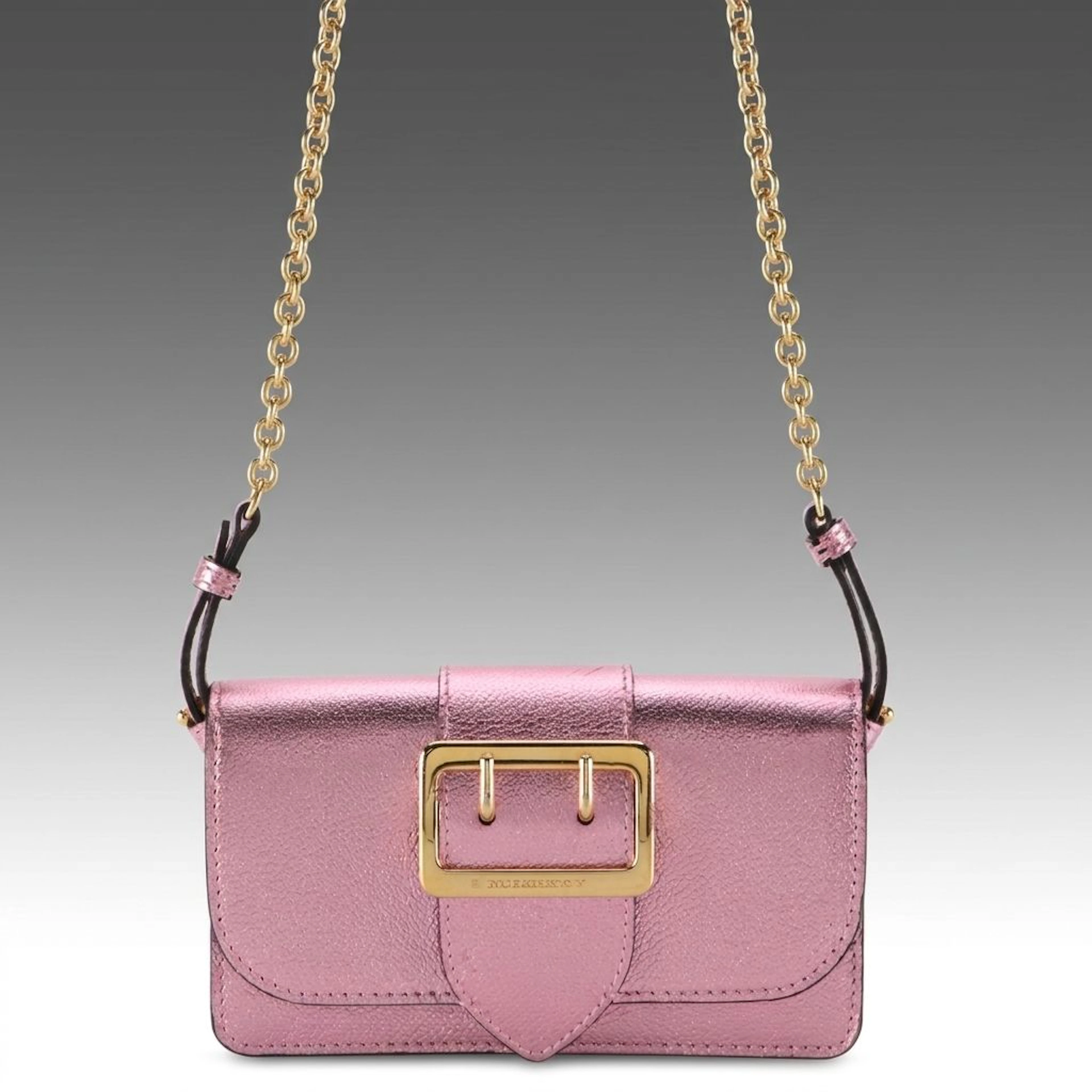 Burberry Two Prong Buckle Mini Chain Phone Bag in Pink Metallic Leather